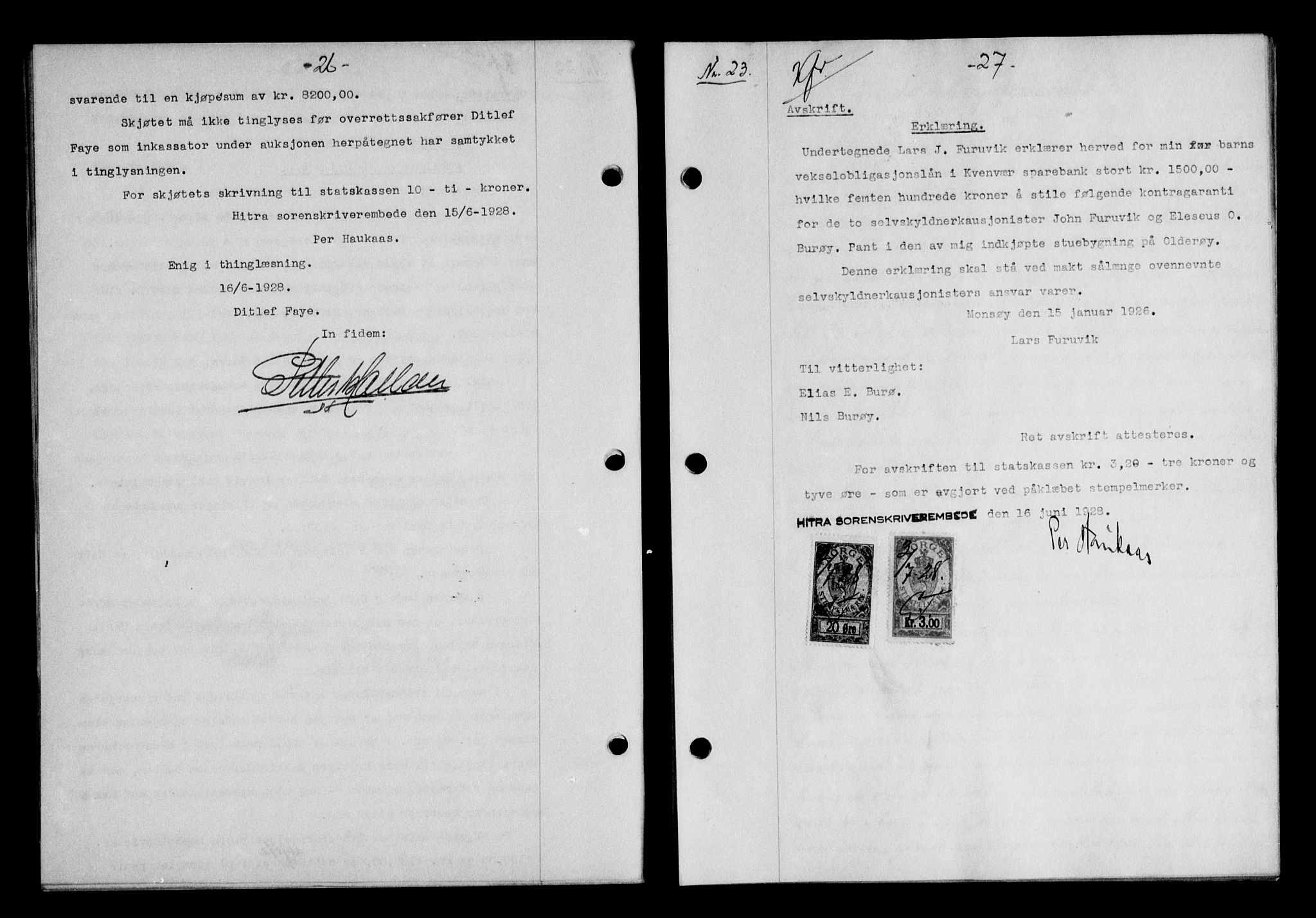 Hitra sorenskriveri, AV/SAT-A-0018/2/2C/2Ca/L0010: Mortgage book no. 10, 1928-1929, p. 26-27