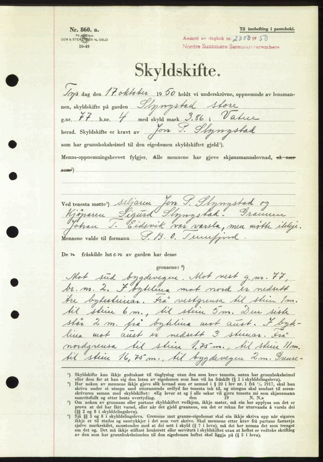 Nordre Sunnmøre sorenskriveri, AV/SAT-A-0006/1/2/2C/2Ca: Mortgage book no. A36, 1950-1950, Diary no: : 2300/1950