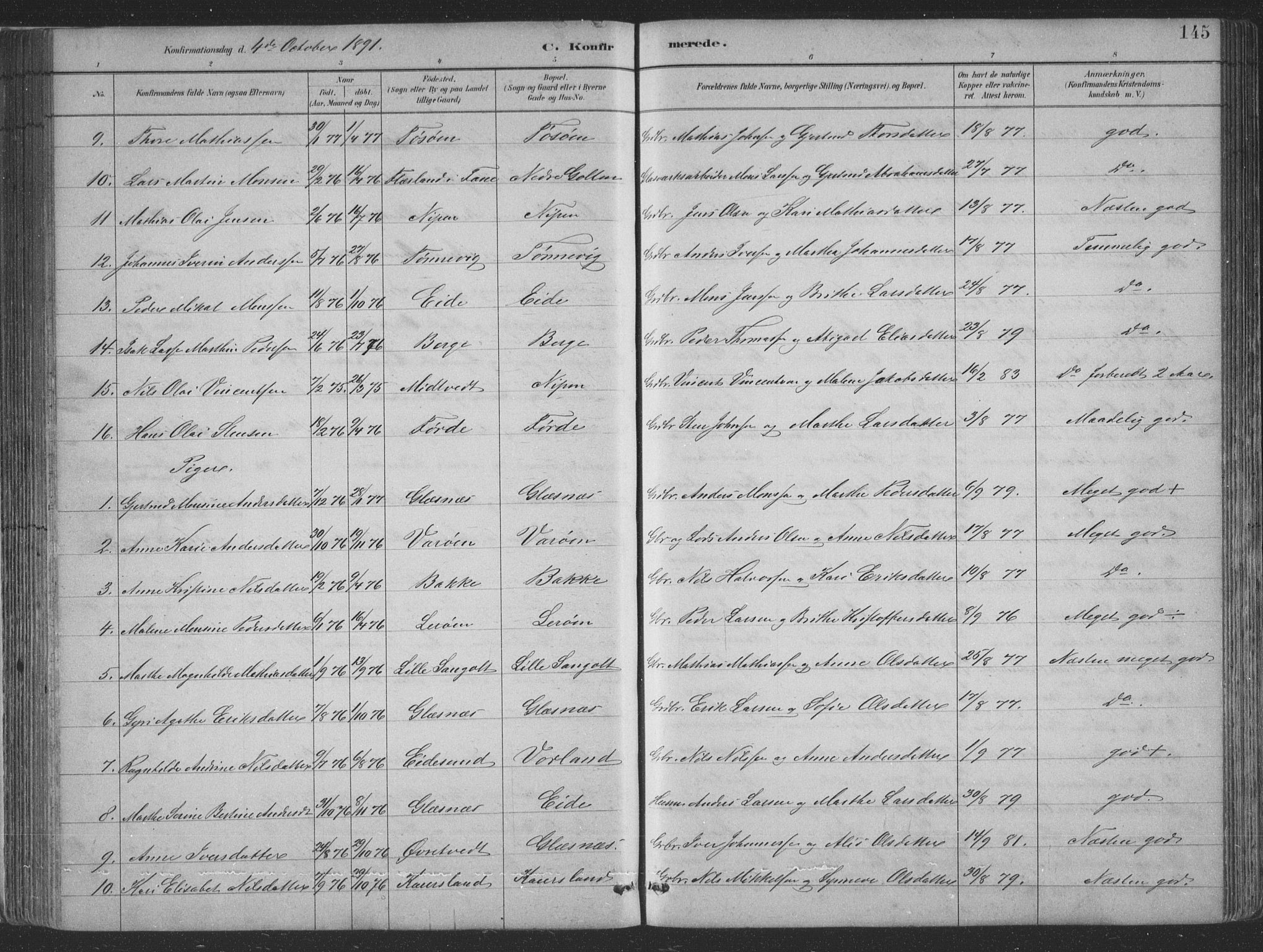 Sund sokneprestembete, AV/SAB-A-99930: Parish register (copy) no. B 3, 1882-1911, p. 145