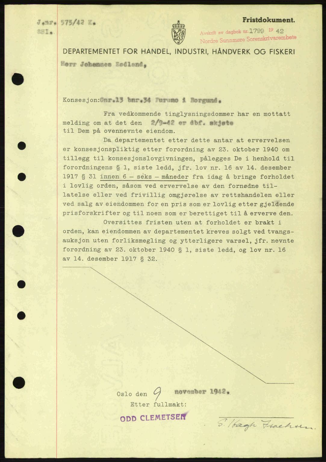 Nordre Sunnmøre sorenskriveri, SAT/A-0006/1/2/2C/2Ca: Mortgage book no. B6-14 a, 1942-1945, Diary no: : 1799/1942