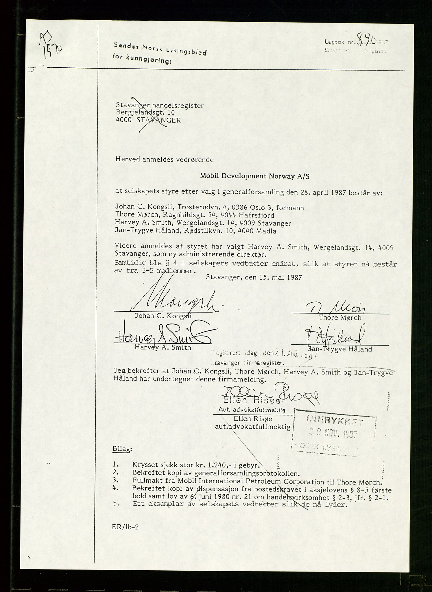 Pa 1578 - Mobil Exploration Norway Incorporated, AV/SAST-A-102024/7/A/Aa/L0001: Styreprotokoll og dokumenter, 1973-1998