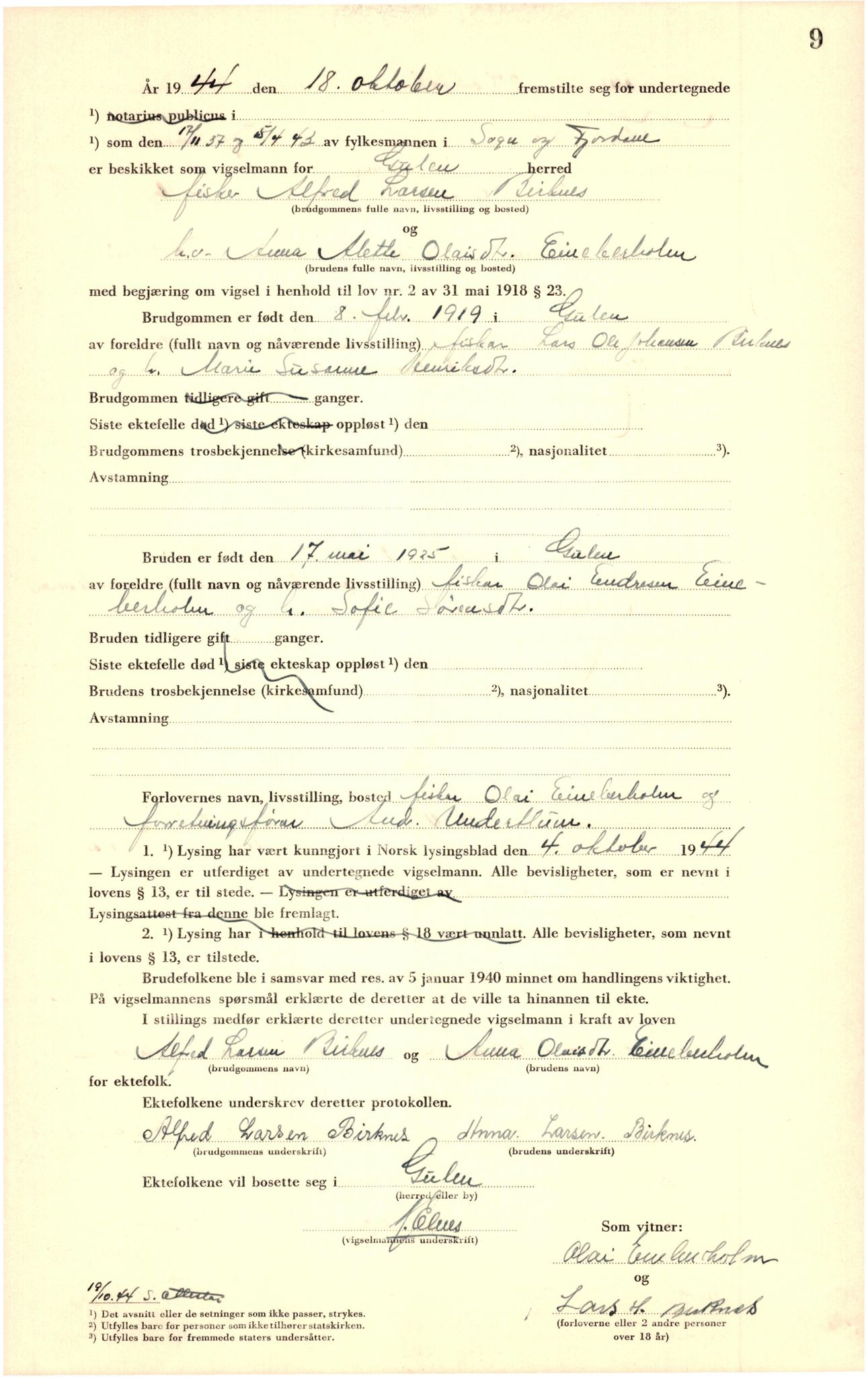 Ytre Sogn tingrett, AV/SAB-A-2601/1/M/Ma/L0003: Vigselsbok, 1943-1945, p. 9