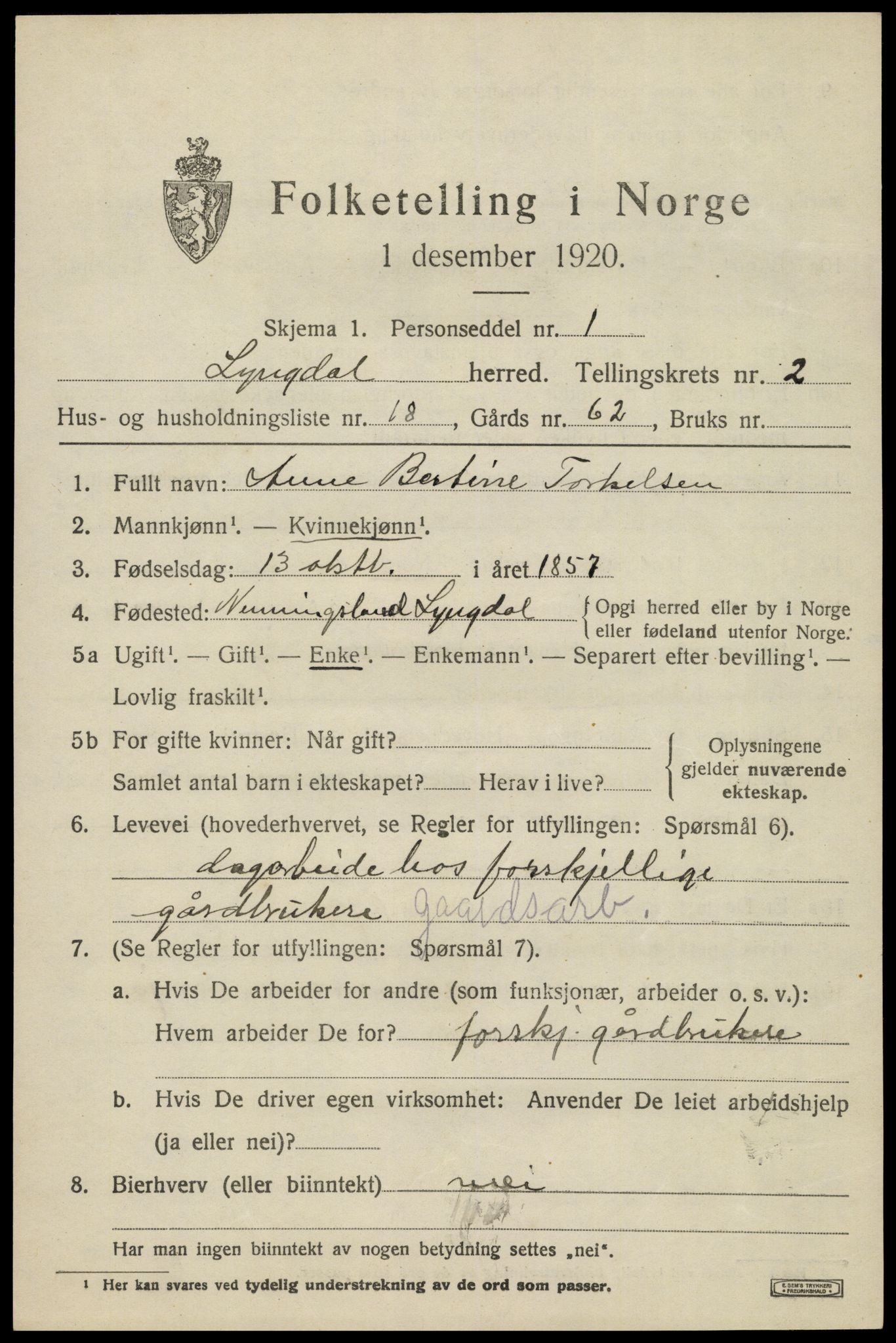 SAK, 1920 census for Lyngdal, 1920, p. 1735