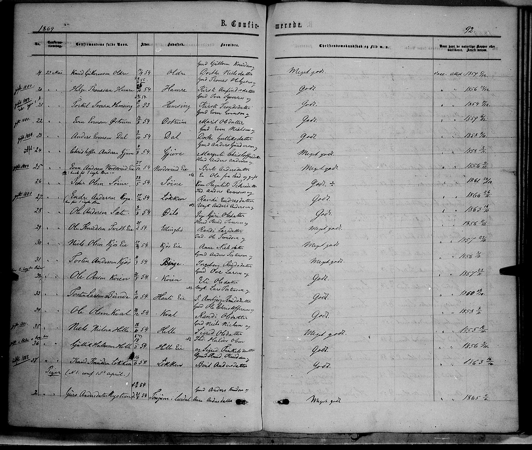 Vang prestekontor, Valdres, SAH/PREST-140/H/Ha/L0007: Parish register (official) no. 7, 1865-1881, p. 92