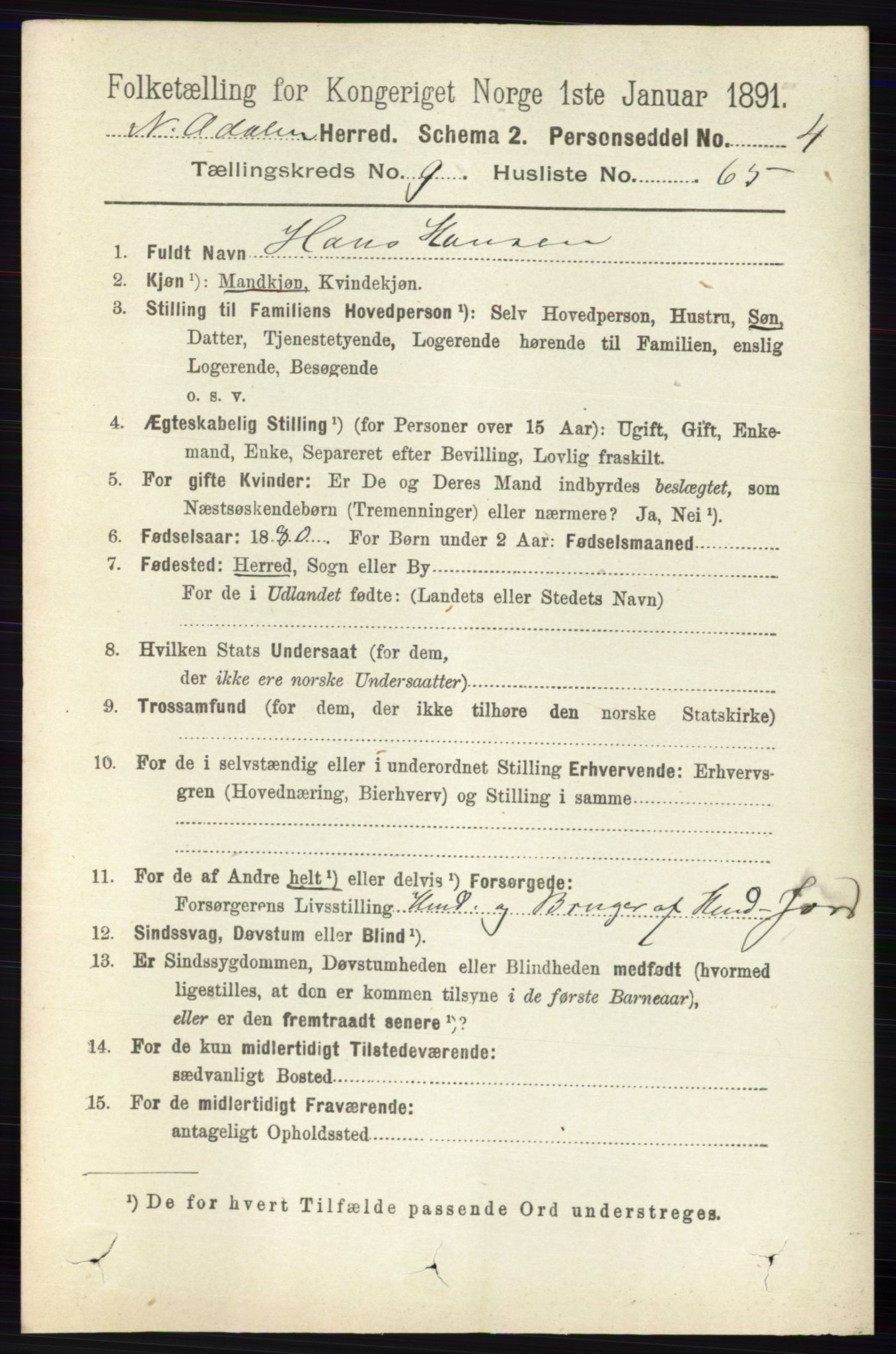 RA, 1891 census for 0418 Nord-Odal, 1891, p. 4420