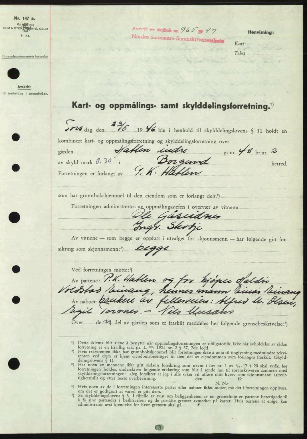 Nordre Sunnmøre sorenskriveri, AV/SAT-A-0006/1/2/2C/2Ca: Mortgage book no. A24, 1947-1947, Diary no: : 965/1947