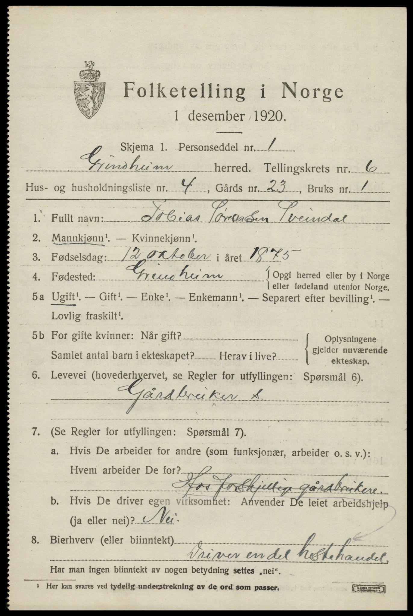 SAK, 1920 census for Grindheim, 1920, p. 1893