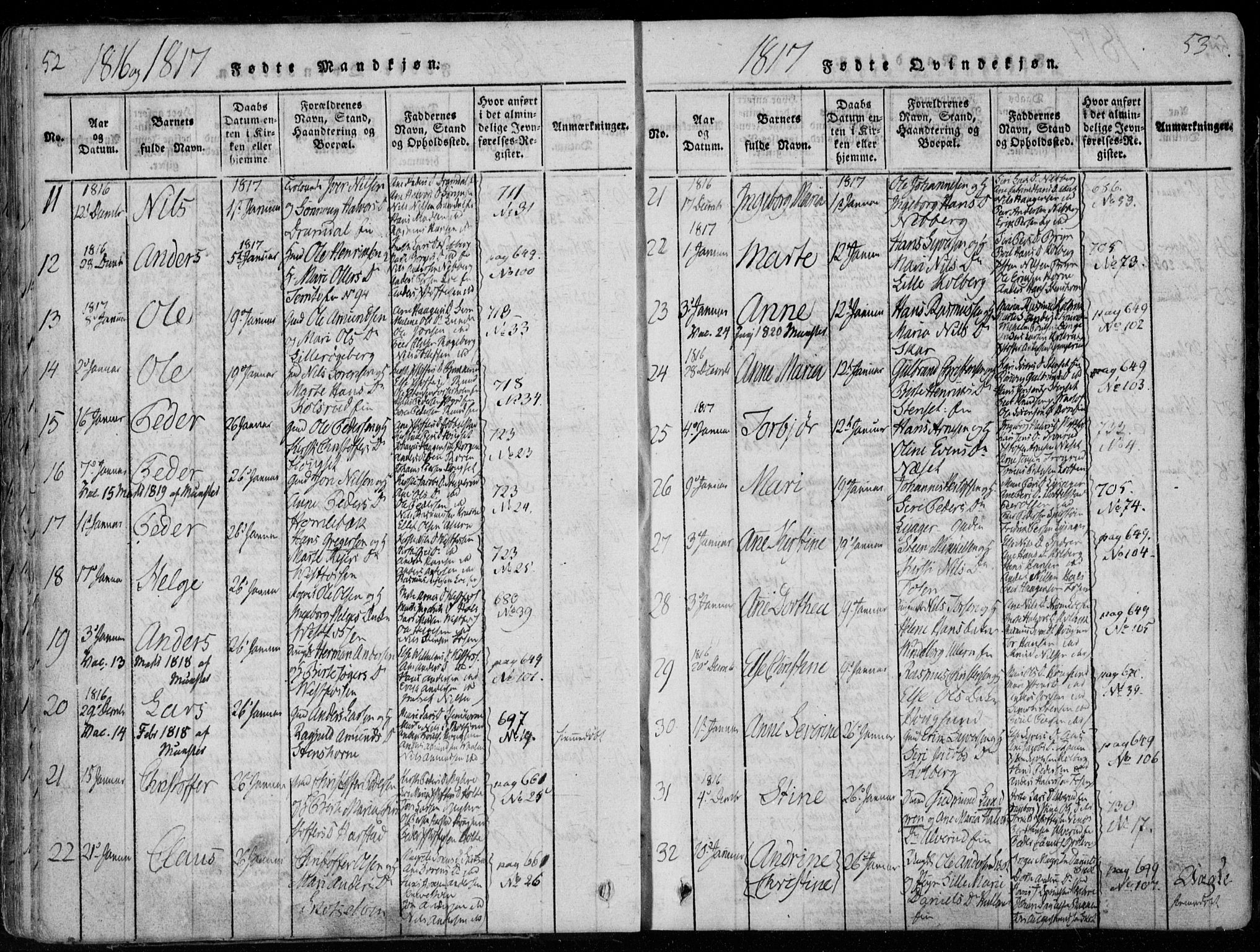 Eiker kirkebøker, SAKO/A-4/F/Fa/L0011: Parish register (official) no. I 11, 1814-1827, p. 52-53