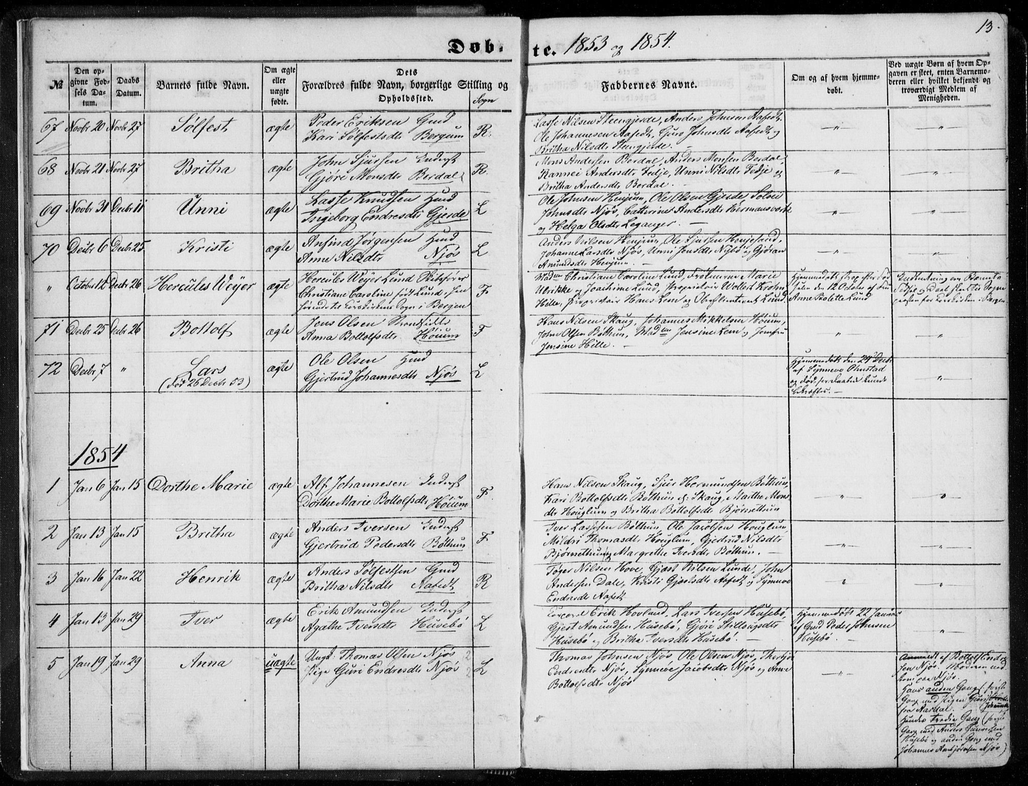 Leikanger sokneprestembete, SAB/A-81001: Parish register (official) no. A 8, 1852-1868, p. 13