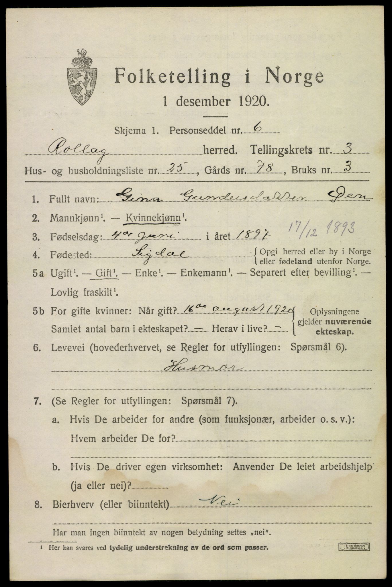 SAKO, 1920 census for Rollag, 1920, p. 1782