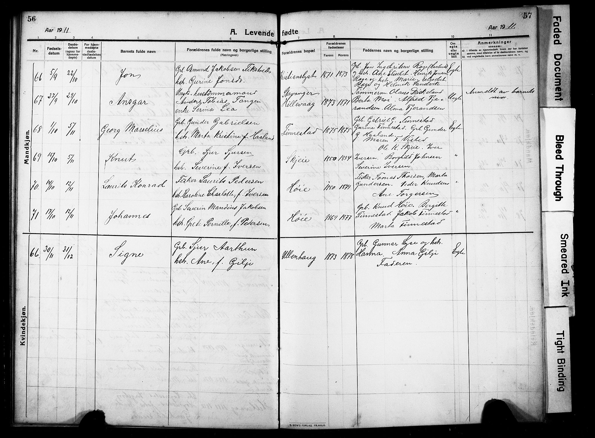 Hetland sokneprestkontor, AV/SAST-A-101826/30/30BB/L0008: Parish register (copy) no. B 8, 1910-1921, p. 56-57