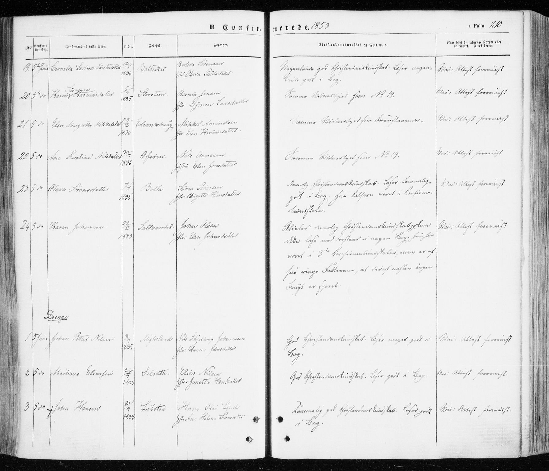 Ibestad sokneprestembete, SATØ/S-0077/H/Ha/Haa/L0008kirke: Parish register (official) no. 8, 1850-1859, p. 210