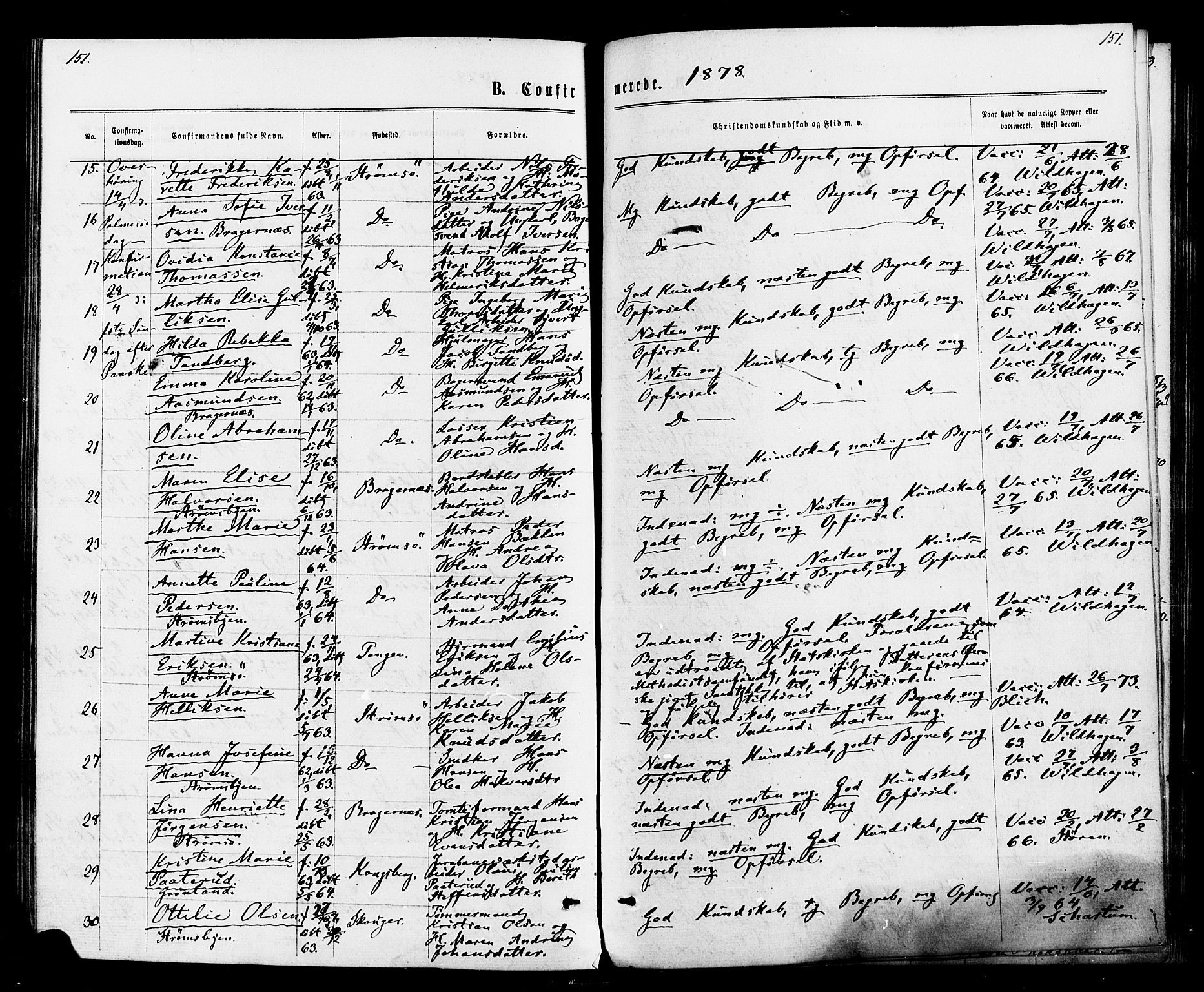 Strømsø kirkebøker, AV/SAKO-A-246/F/Fa/L0020: Parish register (official) no. I 20, 1870-1878, p. 151