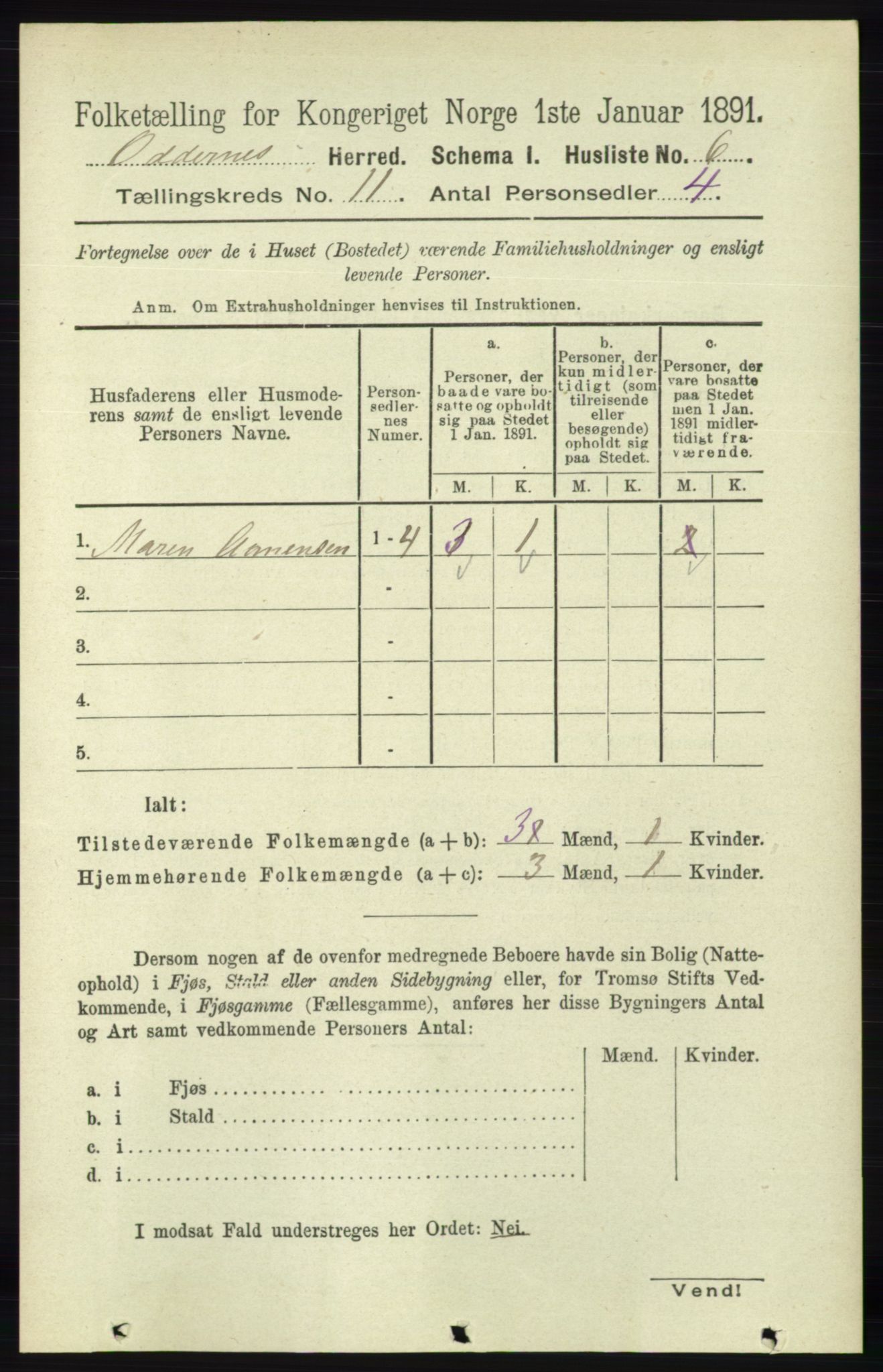 RA, 1891 census for 1012 Oddernes, 1891, p. 4108