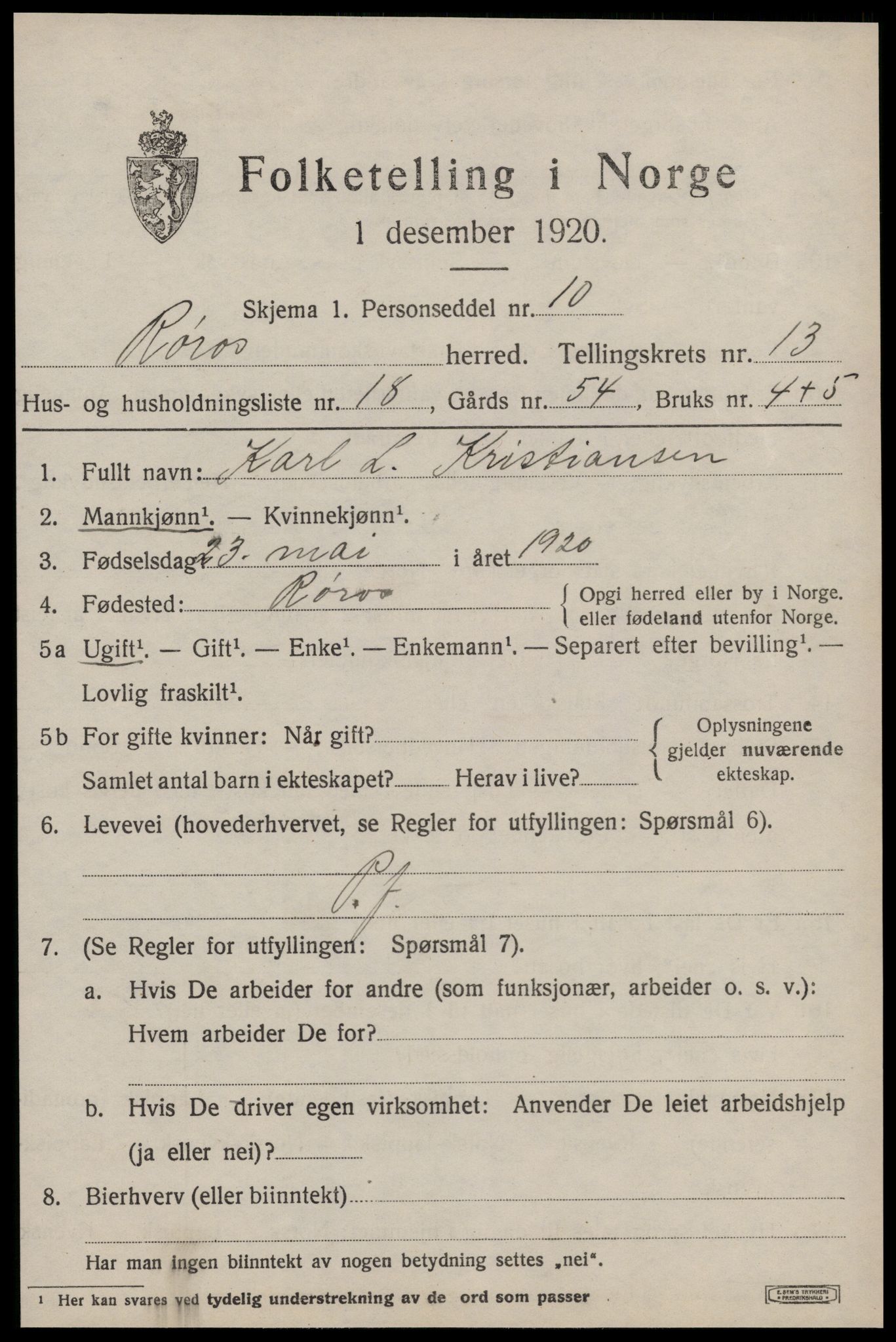 SAT, 1920 census for Røros, 1920, p. 9664