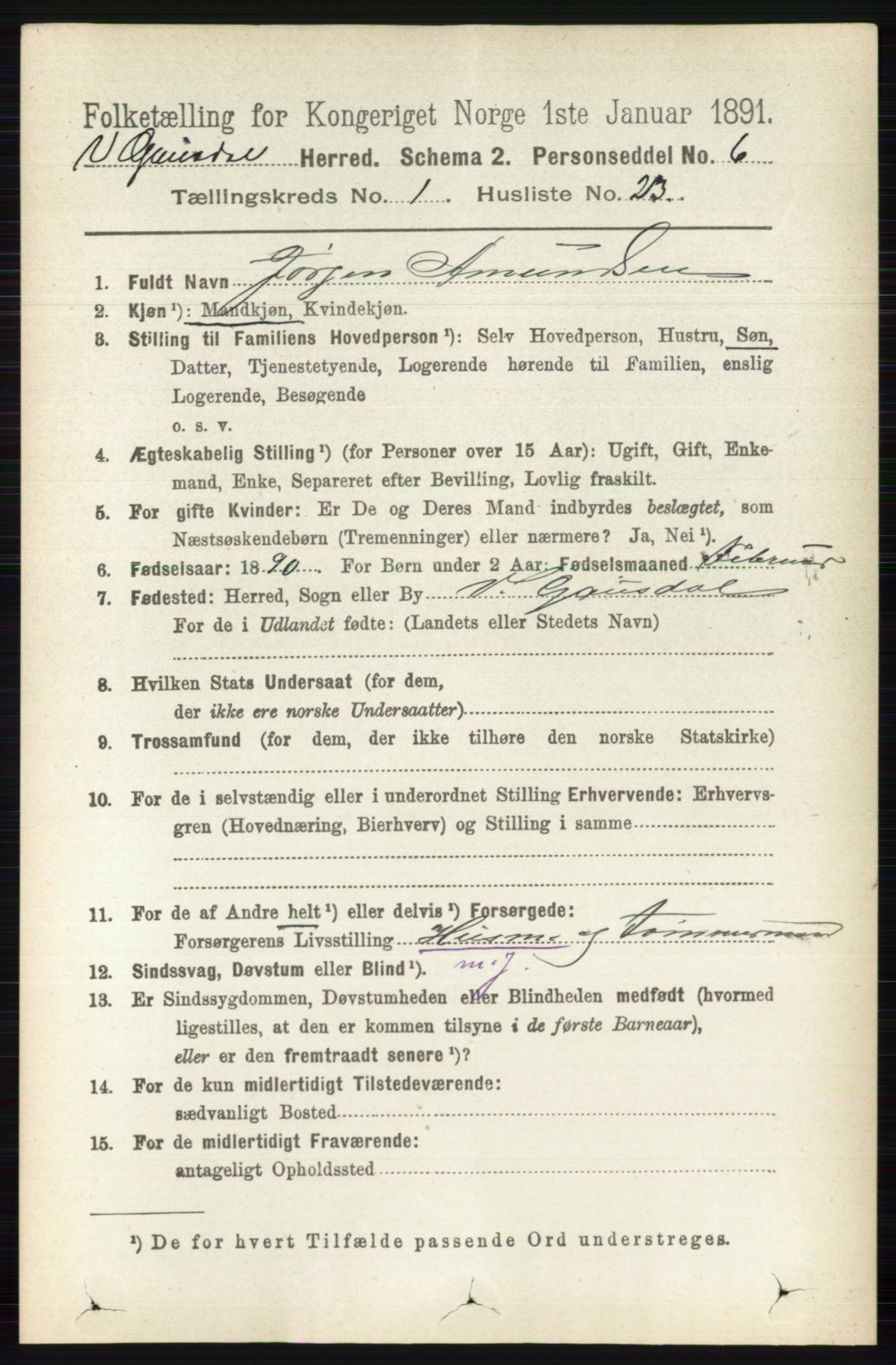 RA, 1891 census for 0523 Vestre Gausdal, 1891, p. 185