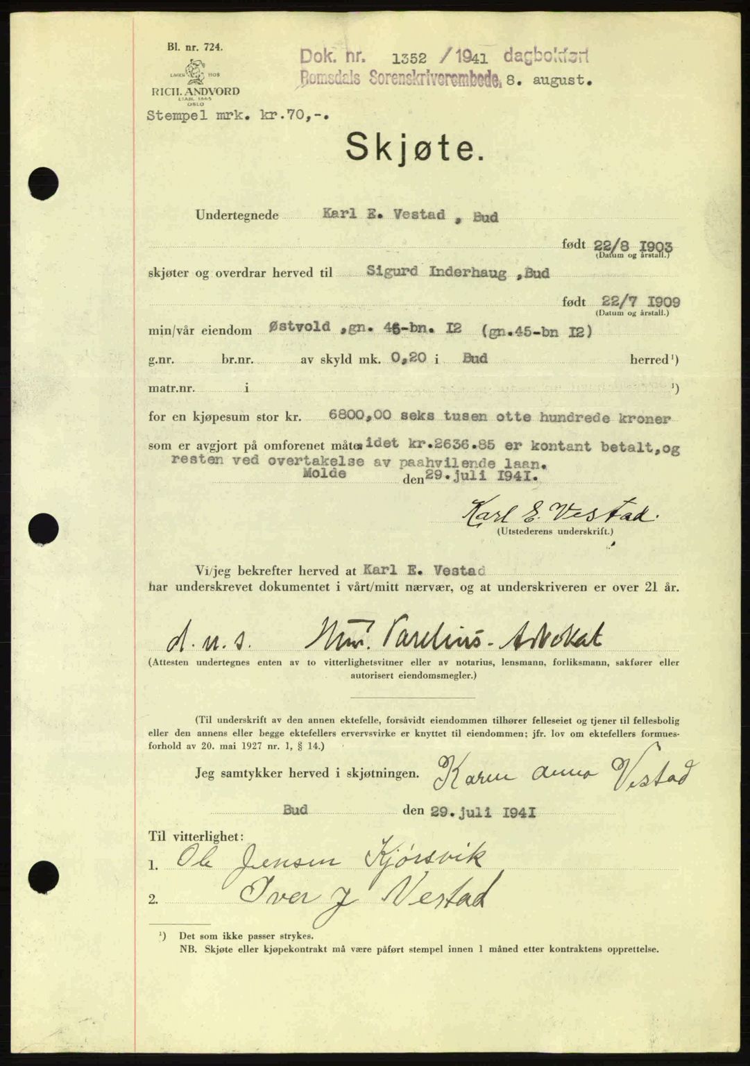 Romsdal sorenskriveri, AV/SAT-A-4149/1/2/2C: Mortgage book no. A10, 1941-1941, Diary no: : 1352/1941