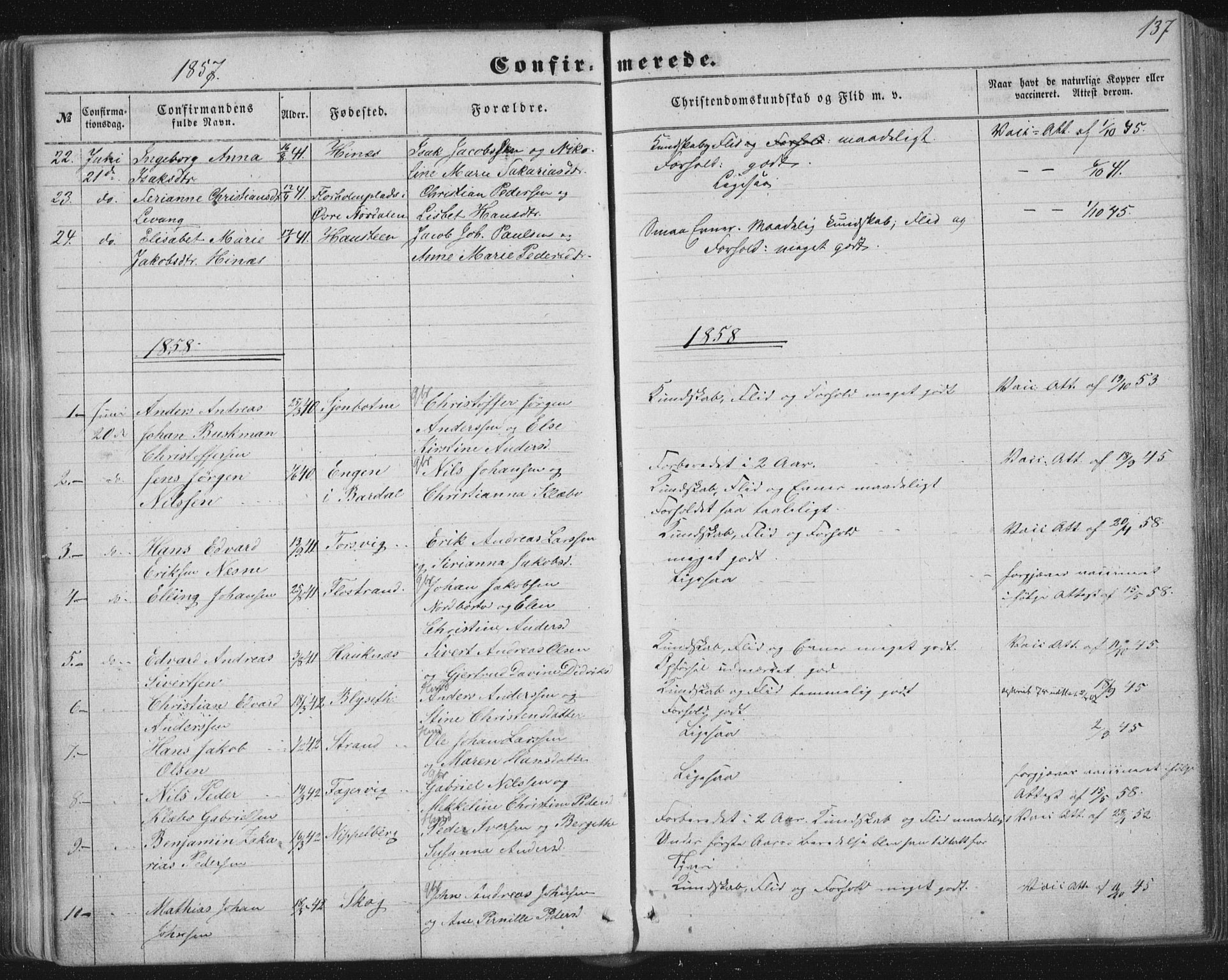 Ministerialprotokoller, klokkerbøker og fødselsregistre - Nordland, AV/SAT-A-1459/838/L0550: Parish register (official) no. 838A08, 1855-1865, p. 137