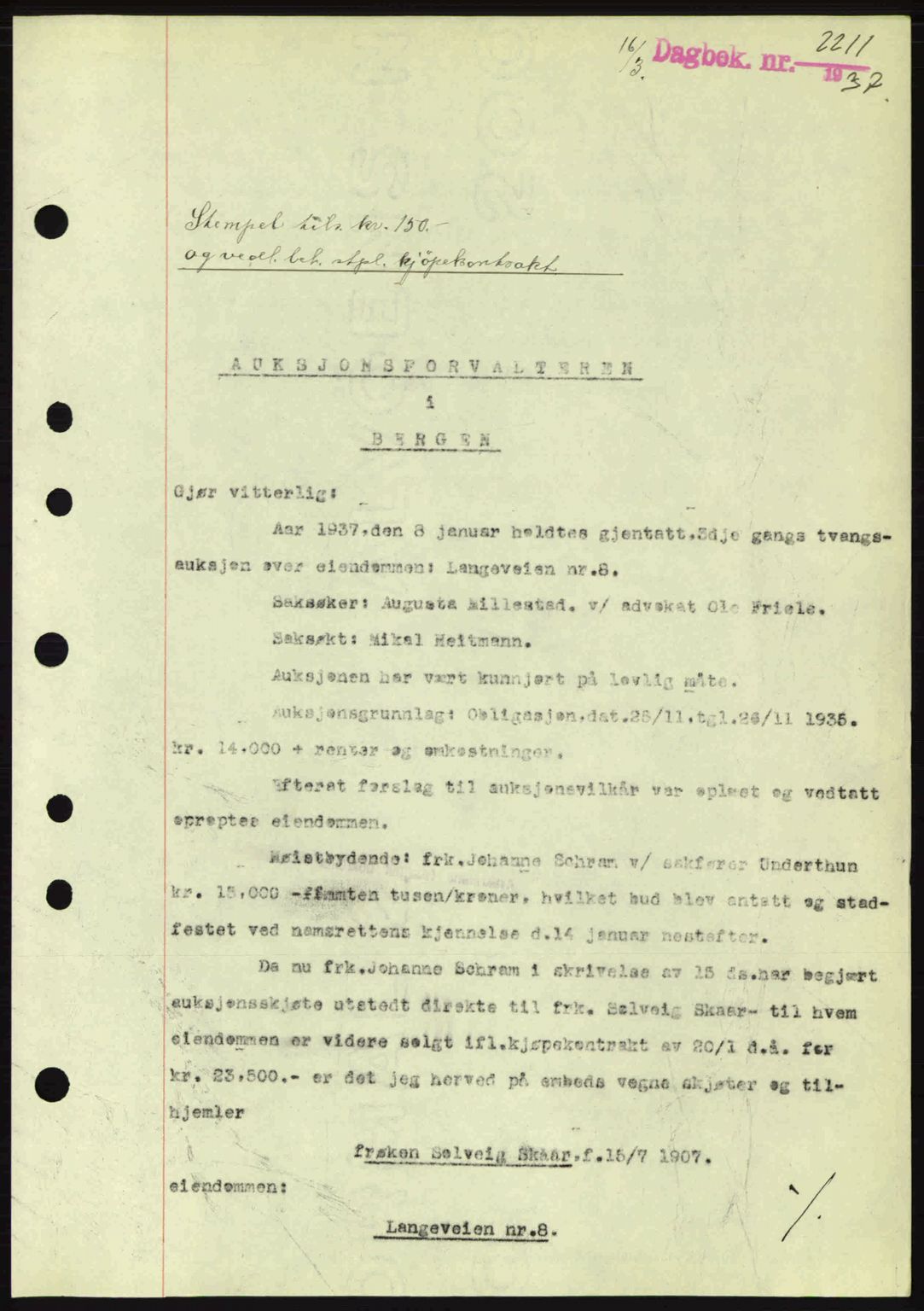 Byfogd og Byskriver i Bergen, SAB/A-3401/03/03Bc/L0004: Mortgage book no. A3-4, 1936-1937, Diary no: : 2211/1937