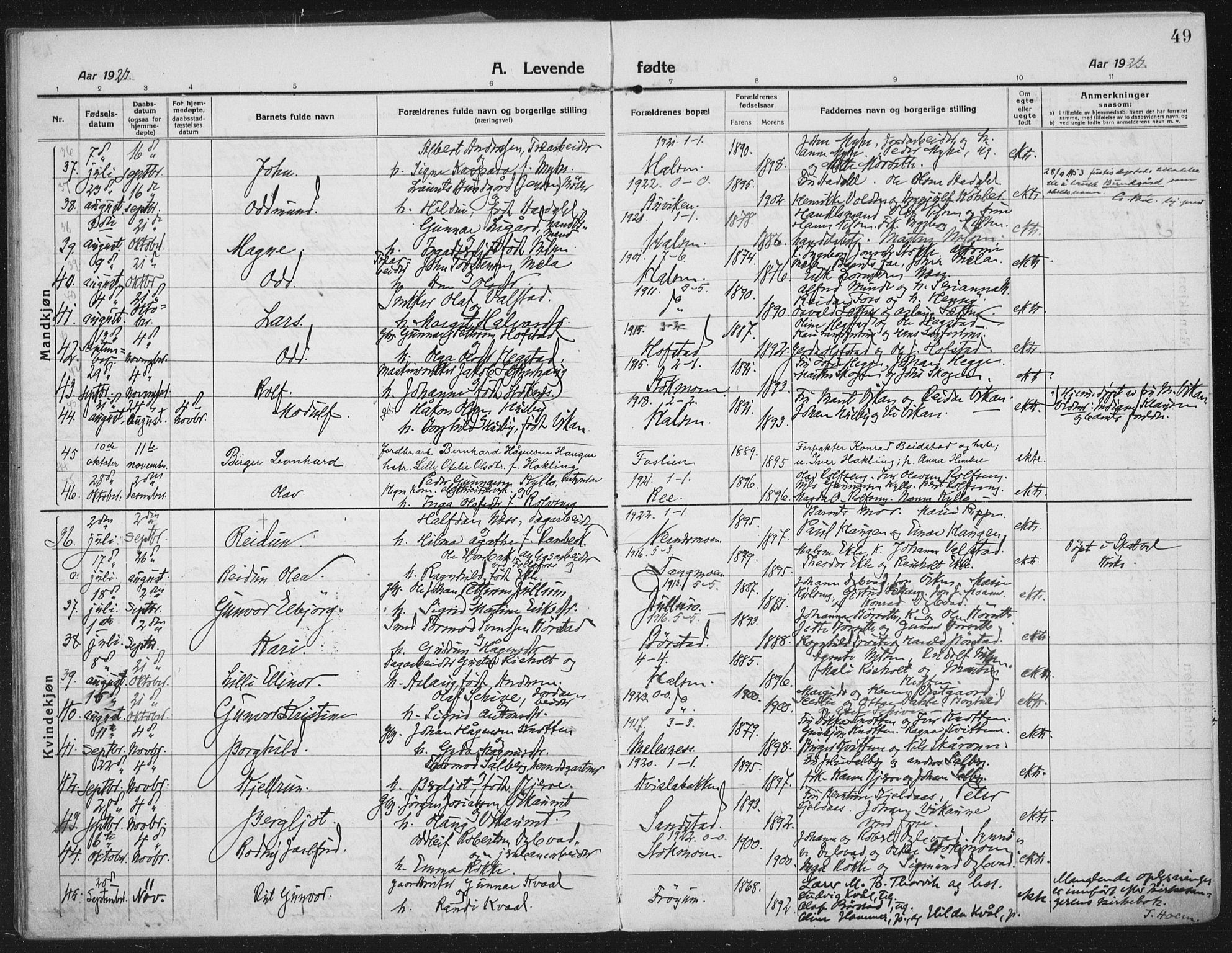 Ministerialprotokoller, klokkerbøker og fødselsregistre - Nord-Trøndelag, SAT/A-1458/709/L0083: Parish register (official) no. 709A23, 1916-1928, p. 49