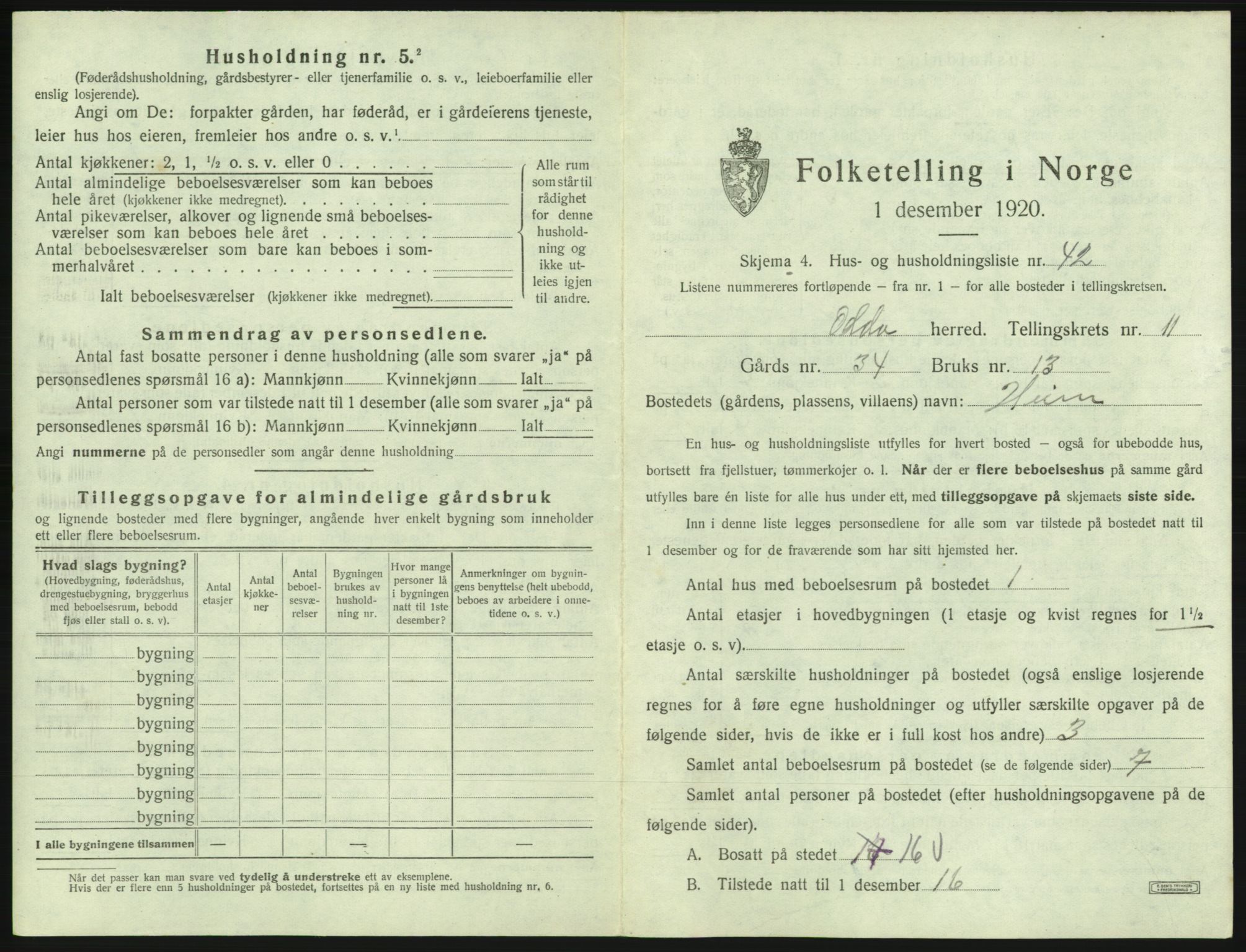 SAB, 1920 census for Odda, 1920, p. 1095