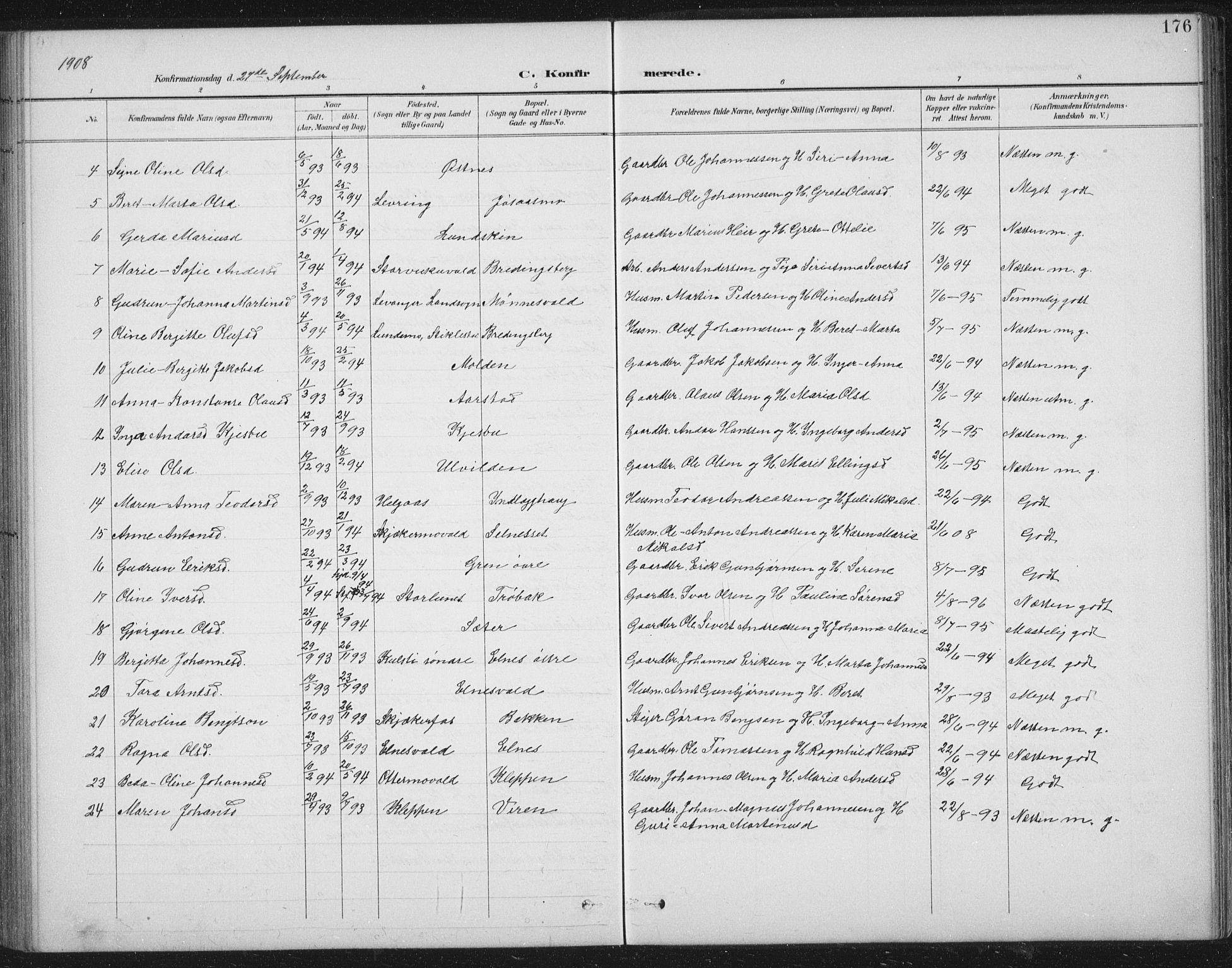 Ministerialprotokoller, klokkerbøker og fødselsregistre - Nord-Trøndelag, SAT/A-1458/724/L0269: Parish register (copy) no. 724C05, 1899-1920, p. 176