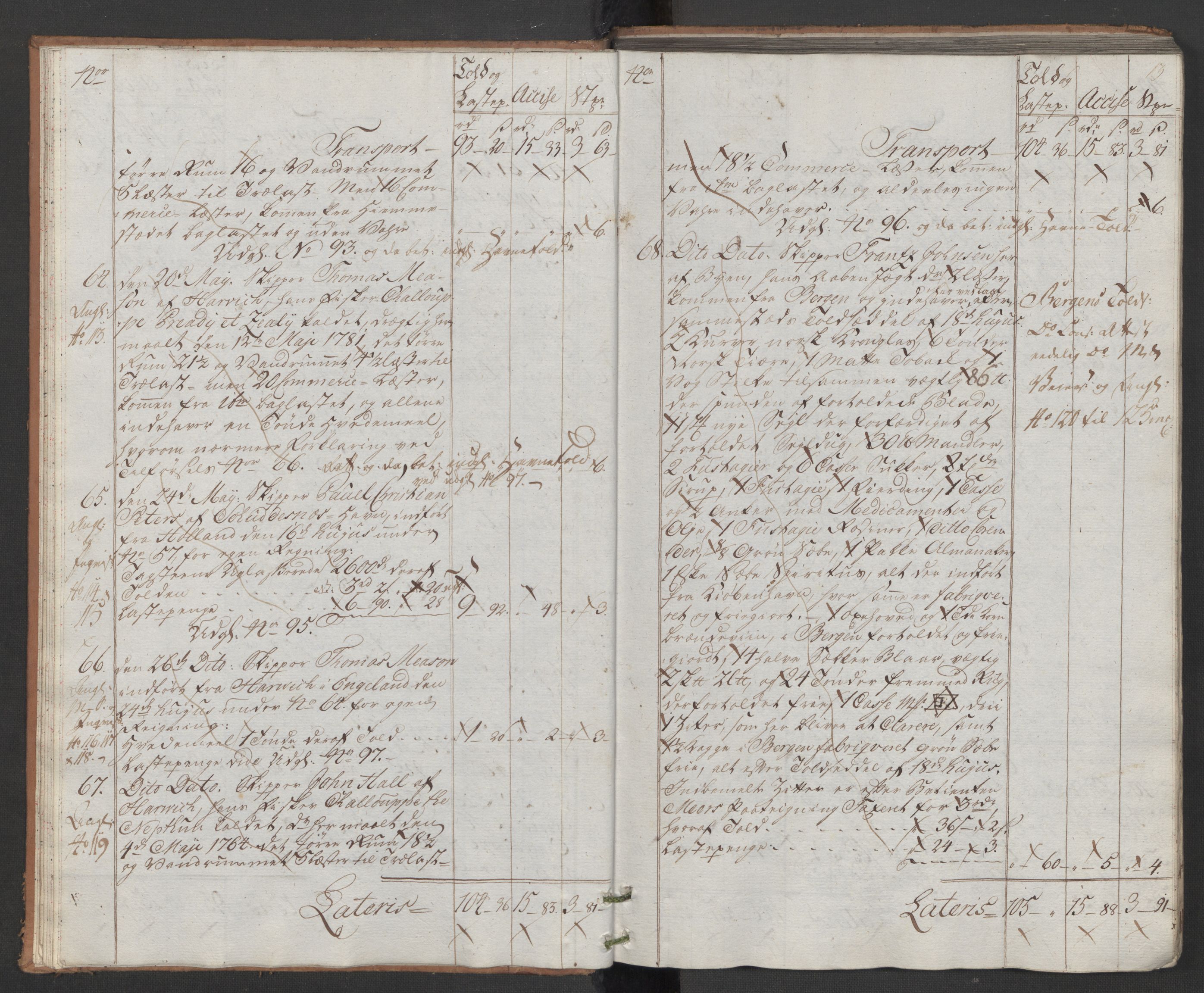 Generaltollkammeret, tollregnskaper, AV/RA-EA-5490/R22/L0048/0001: Tollregnskaper Stavanger / Hovedtollbok, 1786, p. 12b-13a