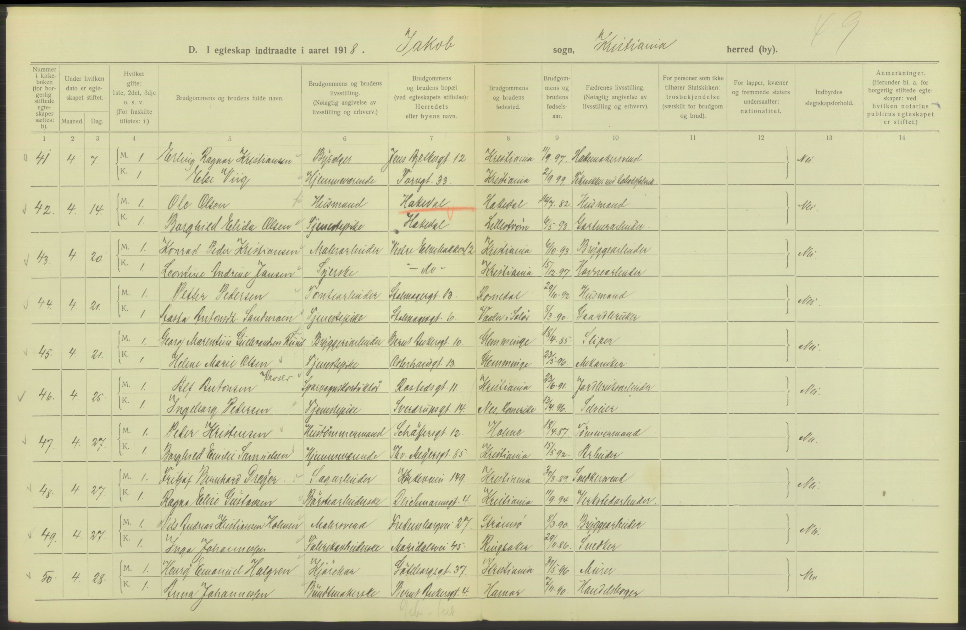 Statistisk sentralbyrå, Sosiodemografiske emner, Befolkning, AV/RA-S-2228/D/Df/Dfb/Dfbh/L0009: Kristiania: Gifte, 1918, p. 646