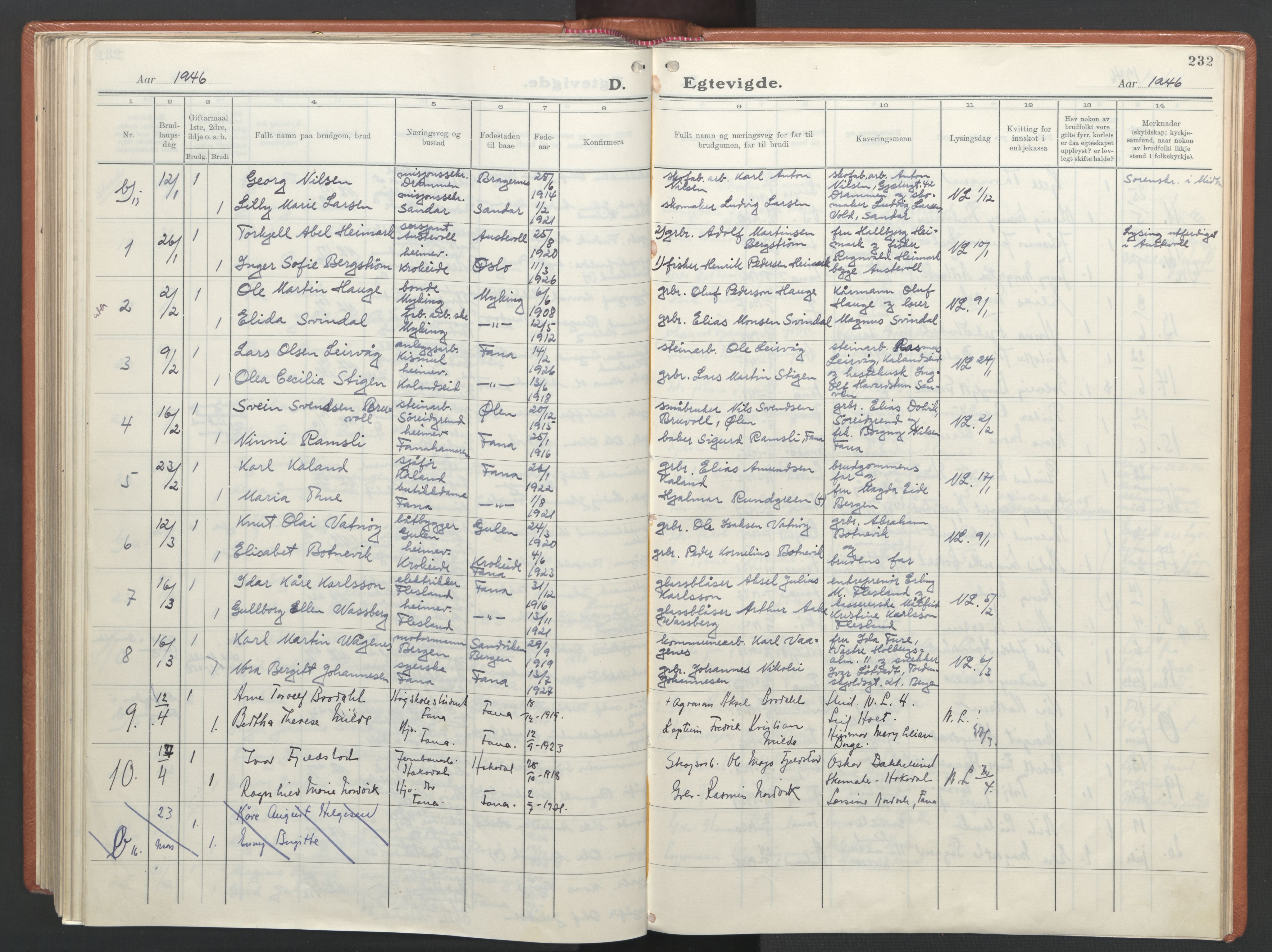 Fana Sokneprestembete, AV/SAB-A-75101/H/Haa/Haab/L0007: Parish register (official) no. B 7, 1934-1947, p. 232