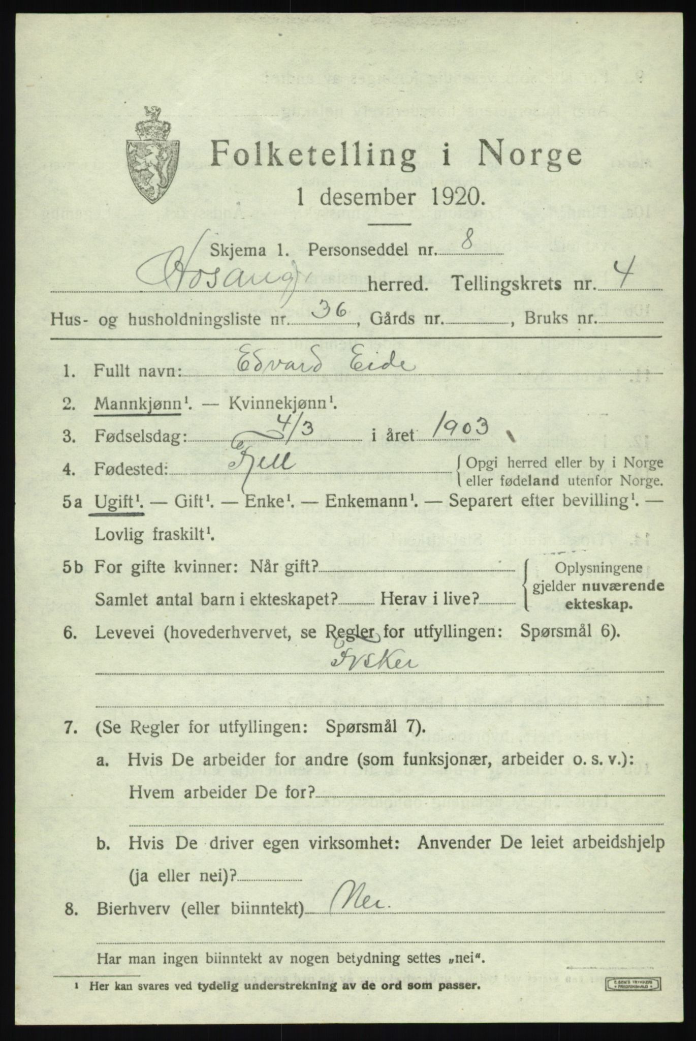 SAB, 1920 census for Hosanger, 1920, p. 2321