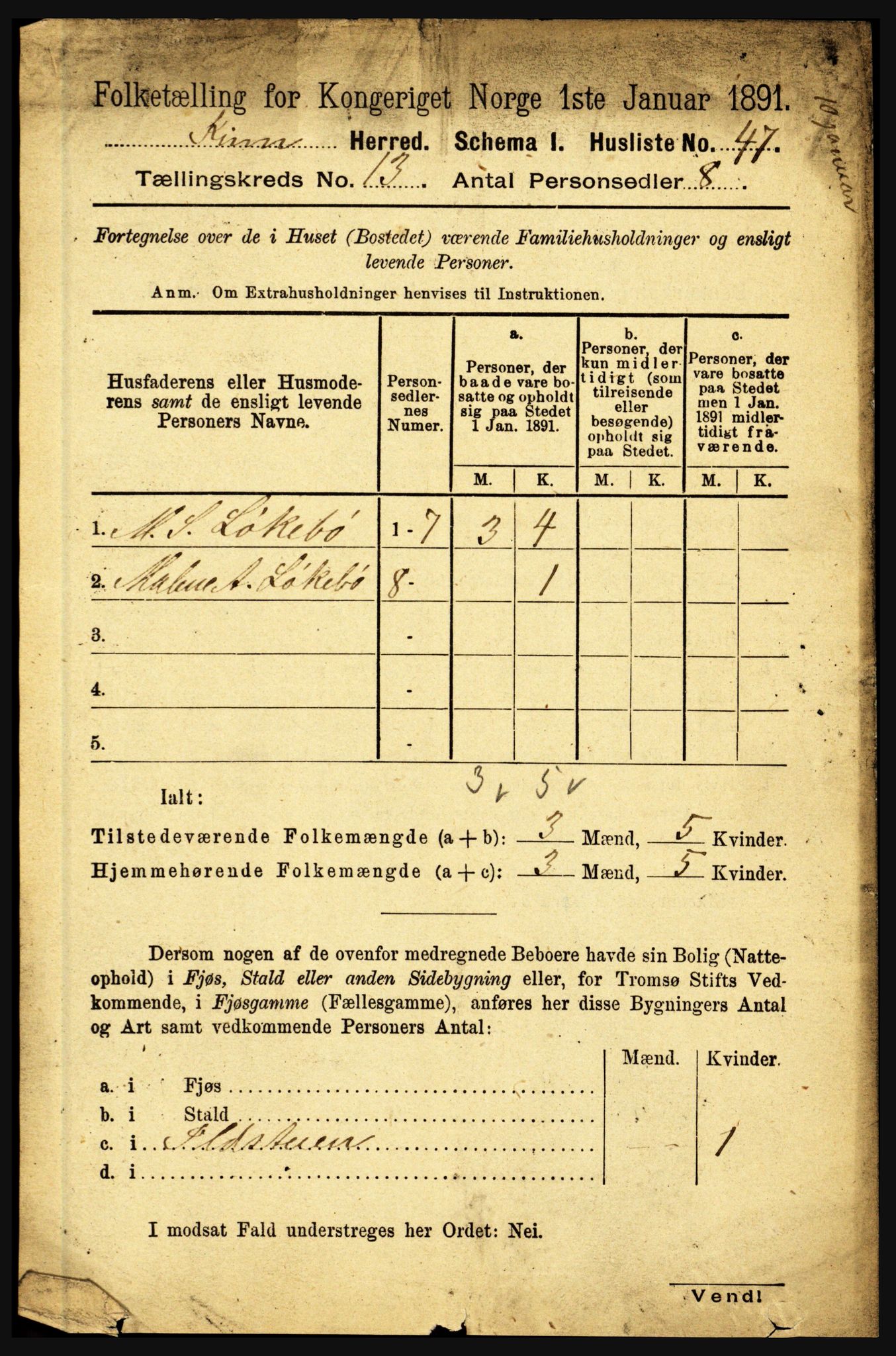 RA, 1891 census for 1437 Kinn, 1891, p. 5043
