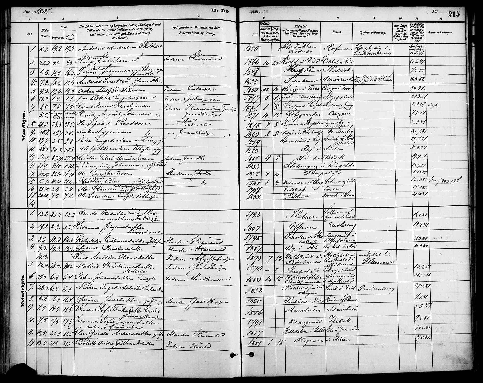 Høland prestekontor Kirkebøker, SAO/A-10346a/F/Fa/L0013: Parish register (official) no. I 13, 1880-1897, p. 215