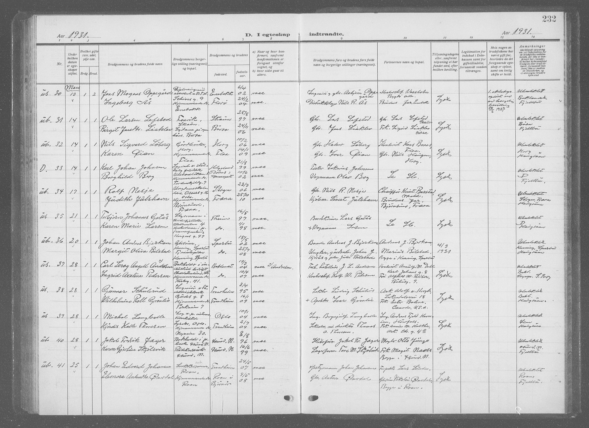 Ministerialprotokoller, klokkerbøker og fødselsregistre - Sør-Trøndelag, AV/SAT-A-1456/601/L0098: Parish register (copy) no. 601C16, 1921-1934, p. 232