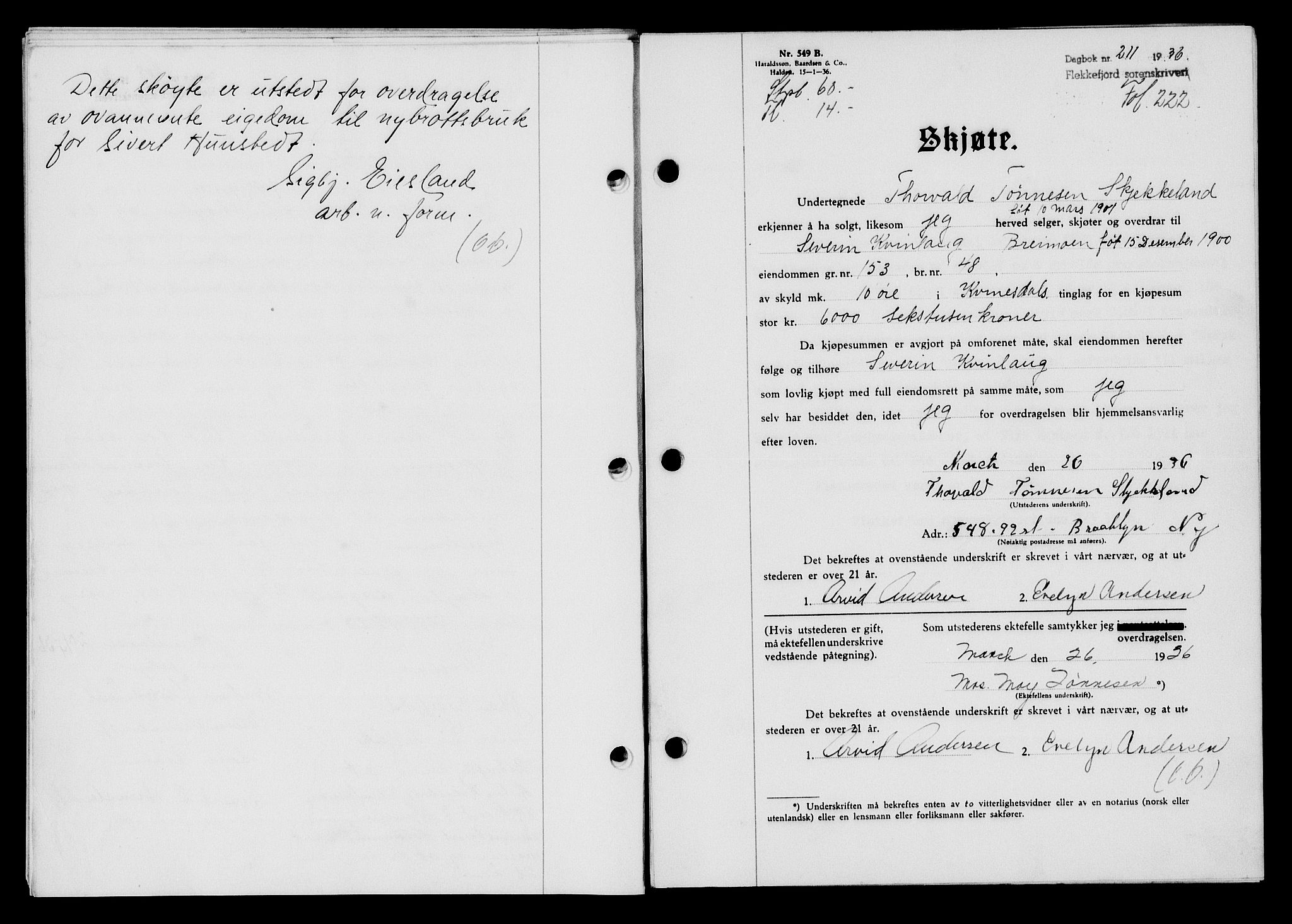 Flekkefjord sorenskriveri, SAK/1221-0001/G/Gb/Gba/L0053: Mortgage book no. A-1, 1936-1937, Diary no: : 211/1936