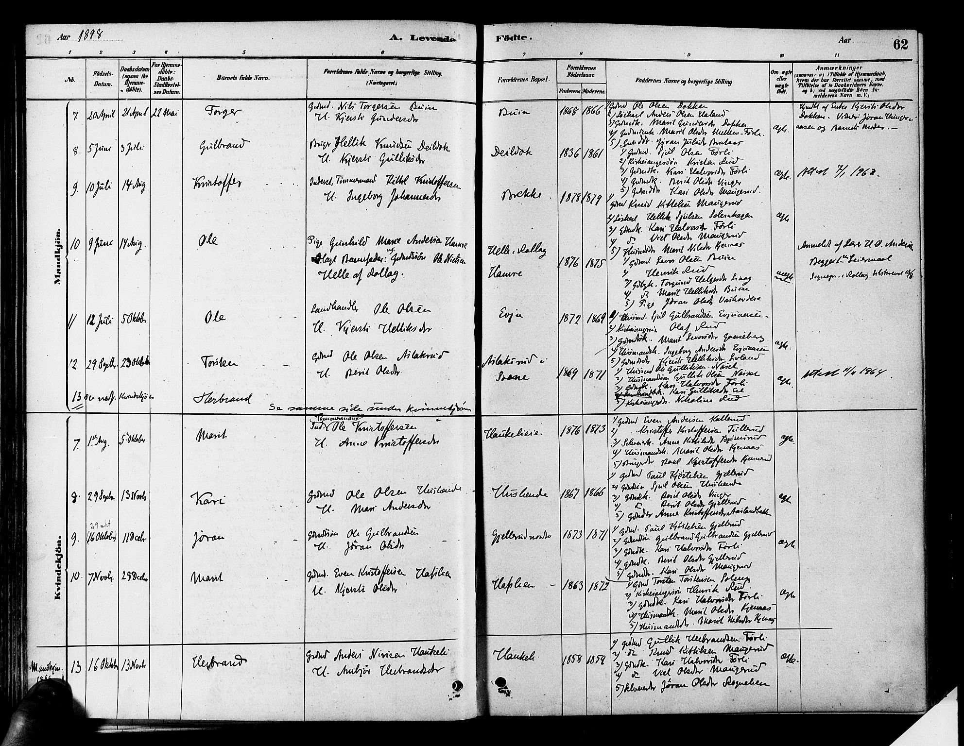 Flesberg kirkebøker, AV/SAKO-A-18/F/Fa/L0008: Parish register (official) no. I 8, 1879-1899, p. 62