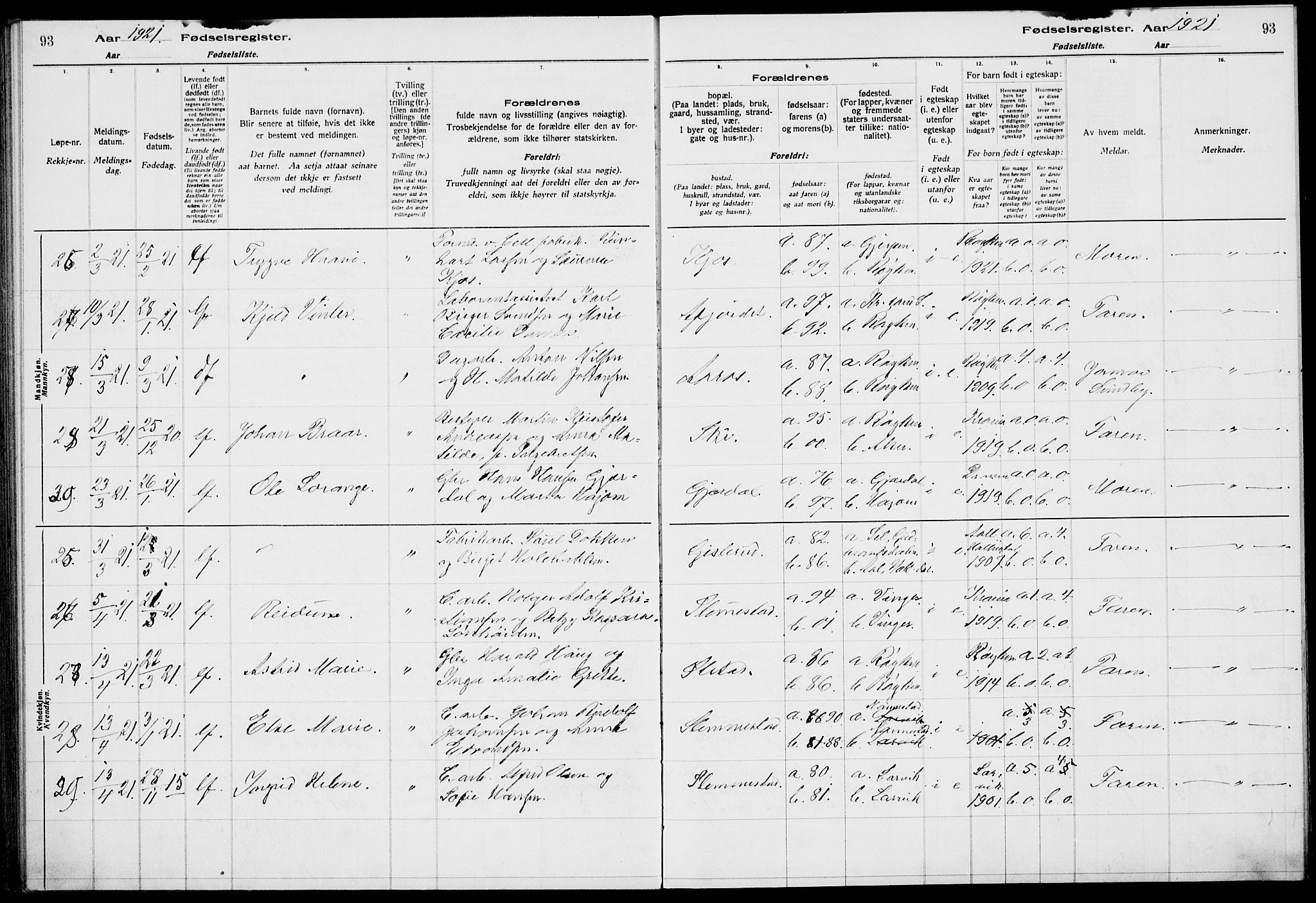 Røyken kirkebøker, AV/SAKO-A-241/J/Ja/L0001: Birth register no. 1, 1916-1927, p. 93