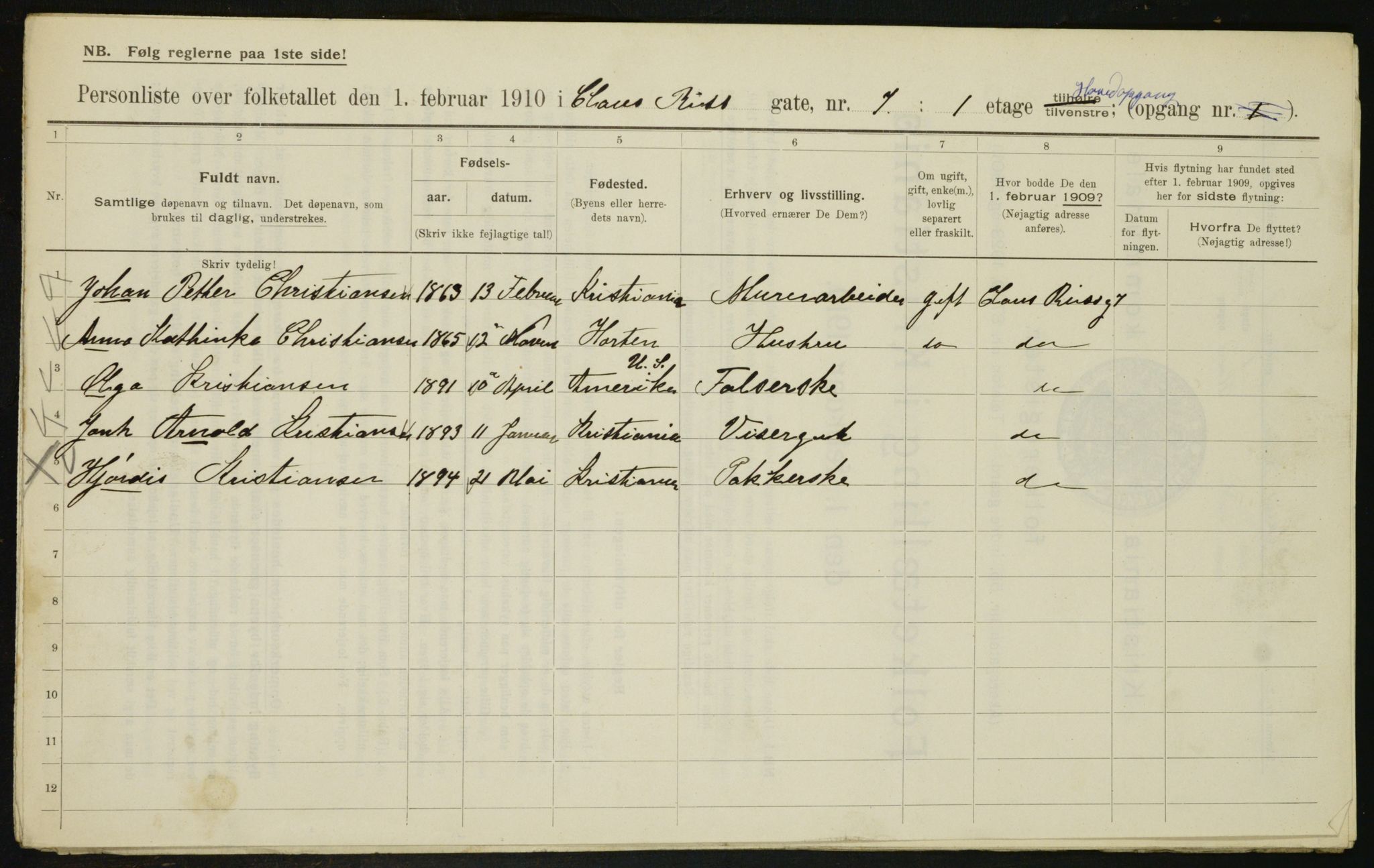 OBA, Municipal Census 1910 for Kristiania, 1910, p. 12215