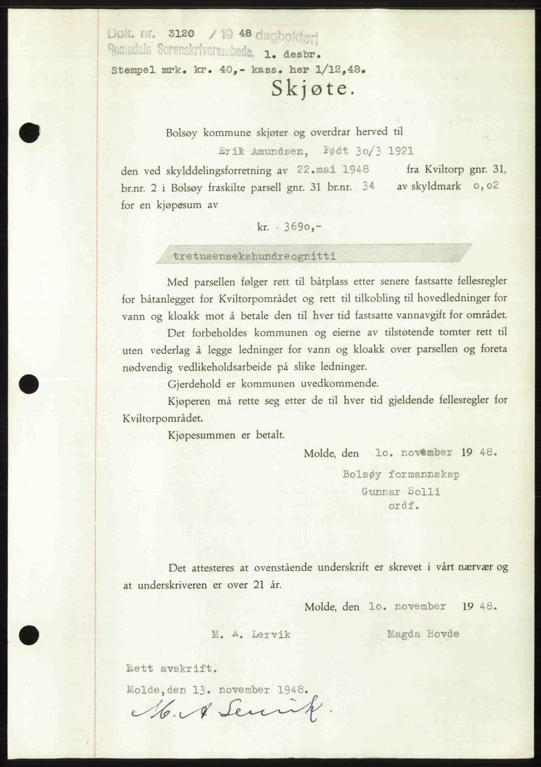 Romsdal sorenskriveri, AV/SAT-A-4149/1/2/2C: Mortgage book no. A28, 1948-1949, Diary no: : 3120/1948