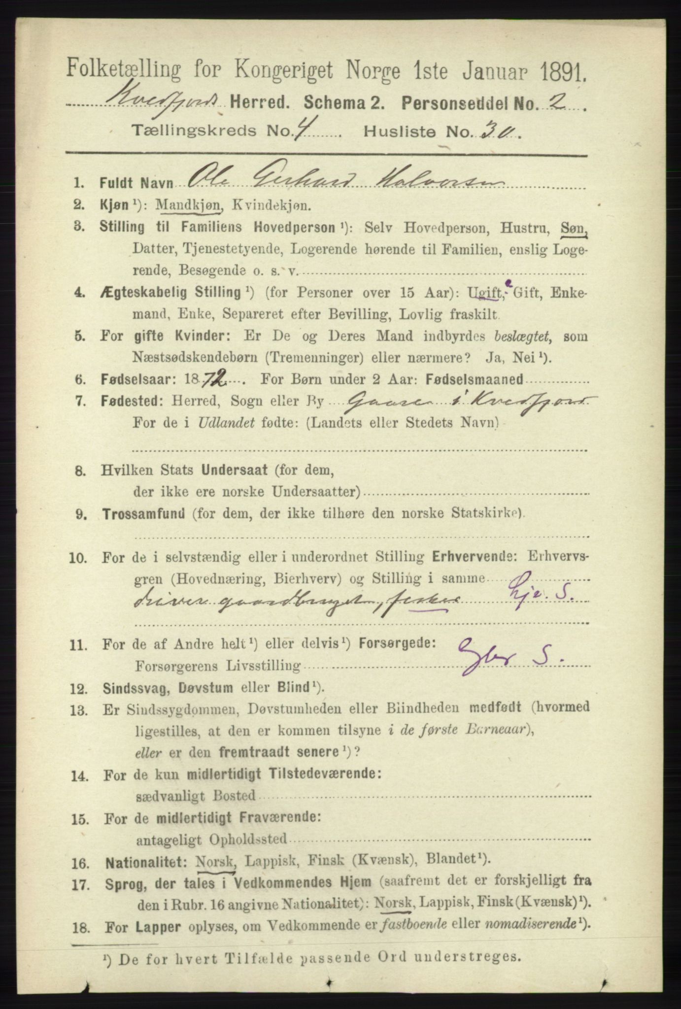 RA, 1891 census for 1911 Kvæfjord, 1891, p. 2088