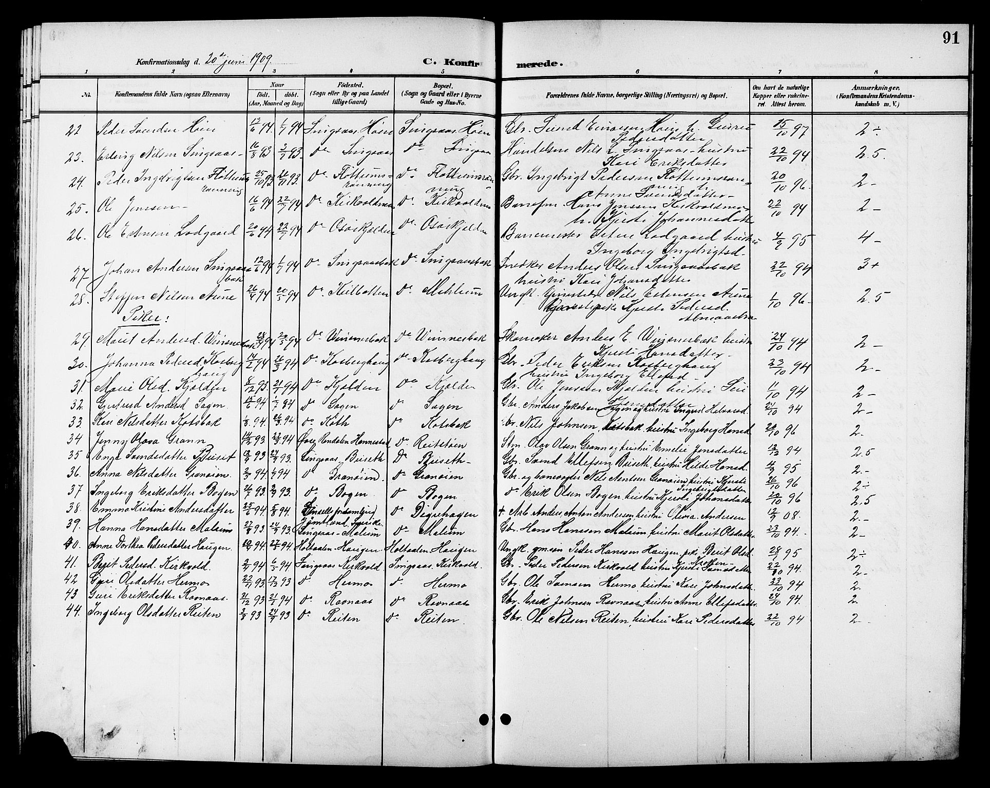 Ministerialprotokoller, klokkerbøker og fødselsregistre - Sør-Trøndelag, AV/SAT-A-1456/688/L1029: Parish register (copy) no. 688C04, 1899-1915, p. 91