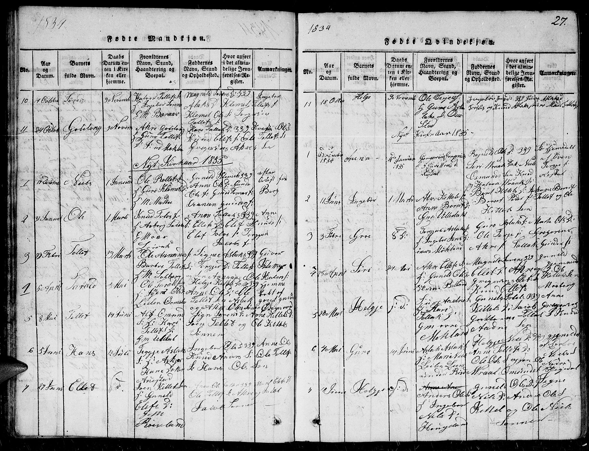 Herefoss sokneprestkontor, SAK/1111-0019/F/Fb/Fbc/L0001: Parish register (copy) no. B 1, 1816-1866, p. 27