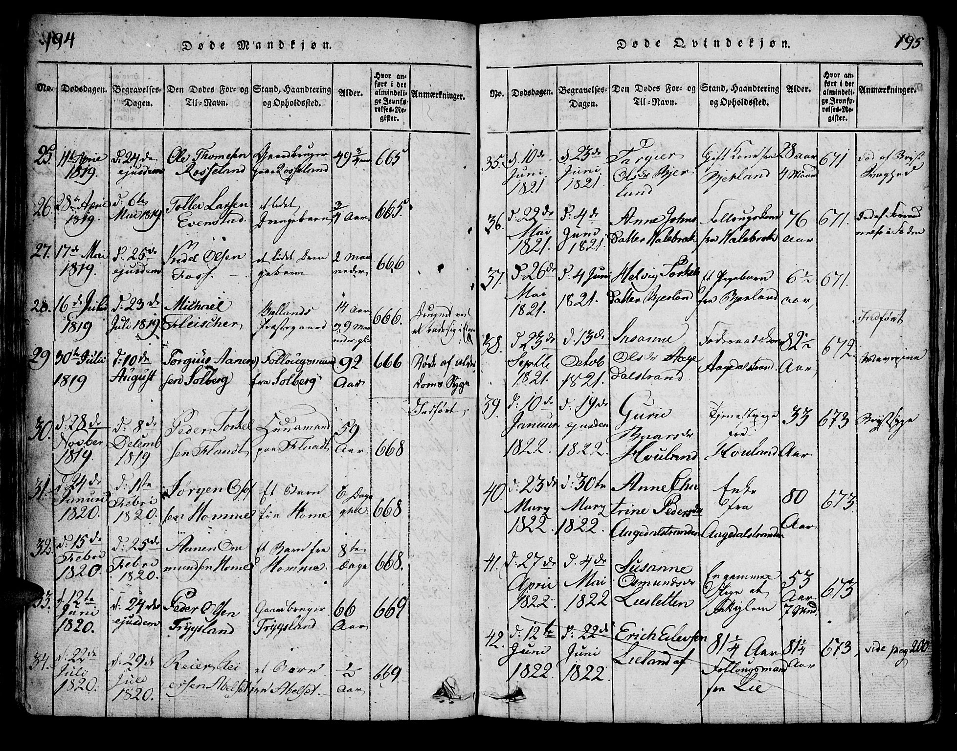 Bjelland sokneprestkontor, SAK/1111-0005/F/Fa/Faa/L0002: Parish register (official) no. A 2, 1816-1866, p. 194-195