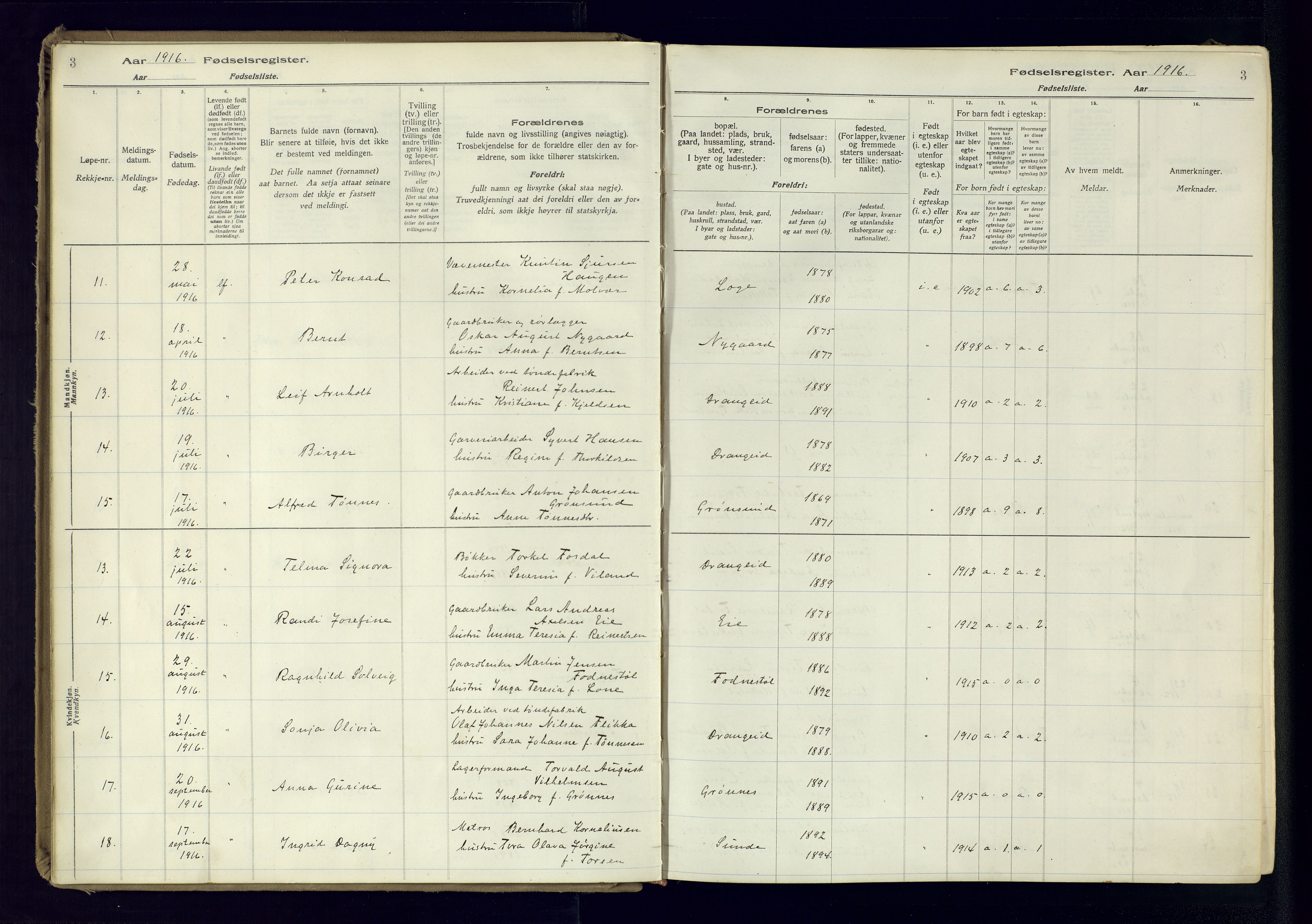 Flekkefjord sokneprestkontor, AV/SAK-1111-0012/J/Ja/L0005: Birth register no. 5, 1916-1950, p. 3