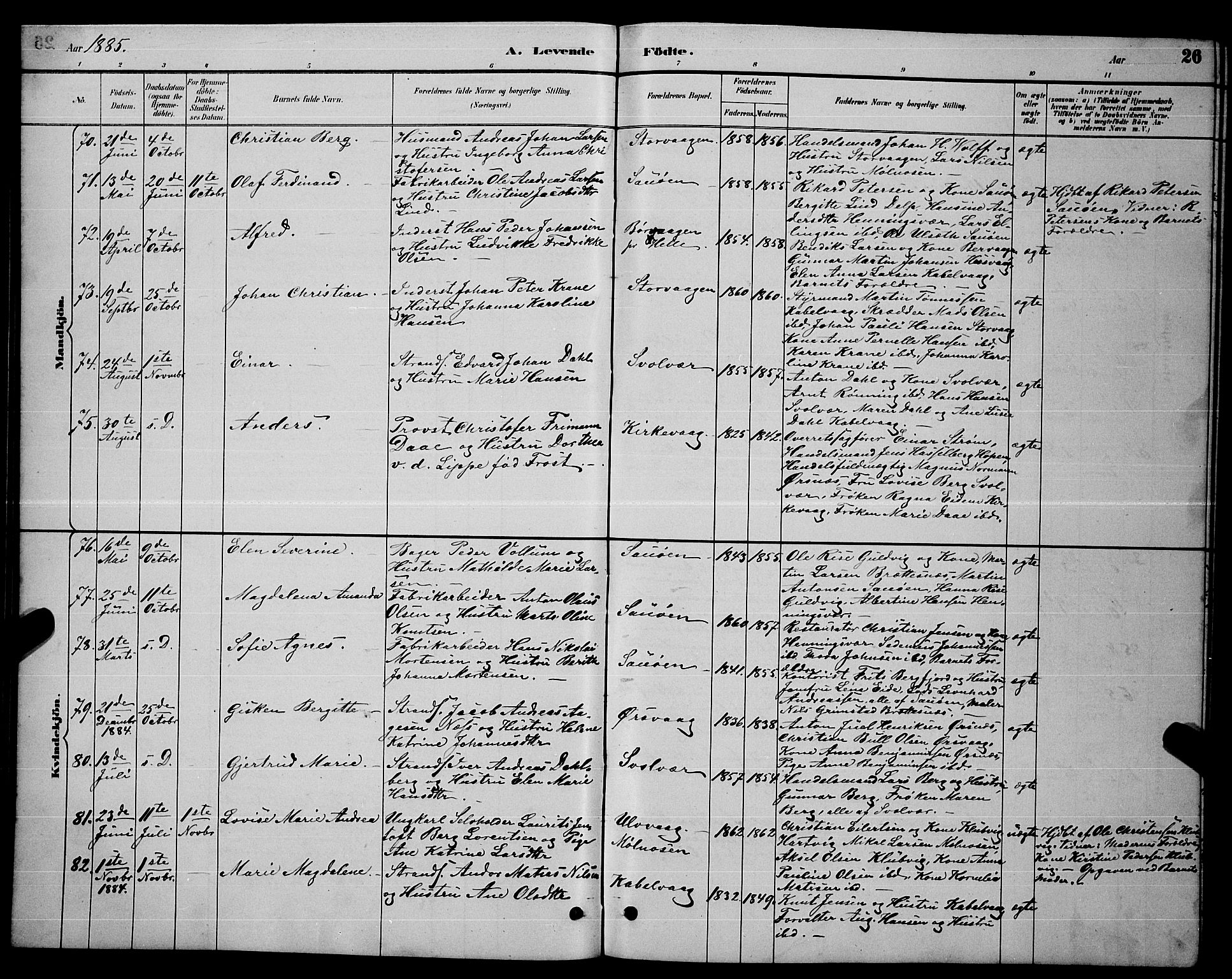 Ministerialprotokoller, klokkerbøker og fødselsregistre - Nordland, AV/SAT-A-1459/874/L1076: Parish register (copy) no. 874C05, 1884-1890, p. 26