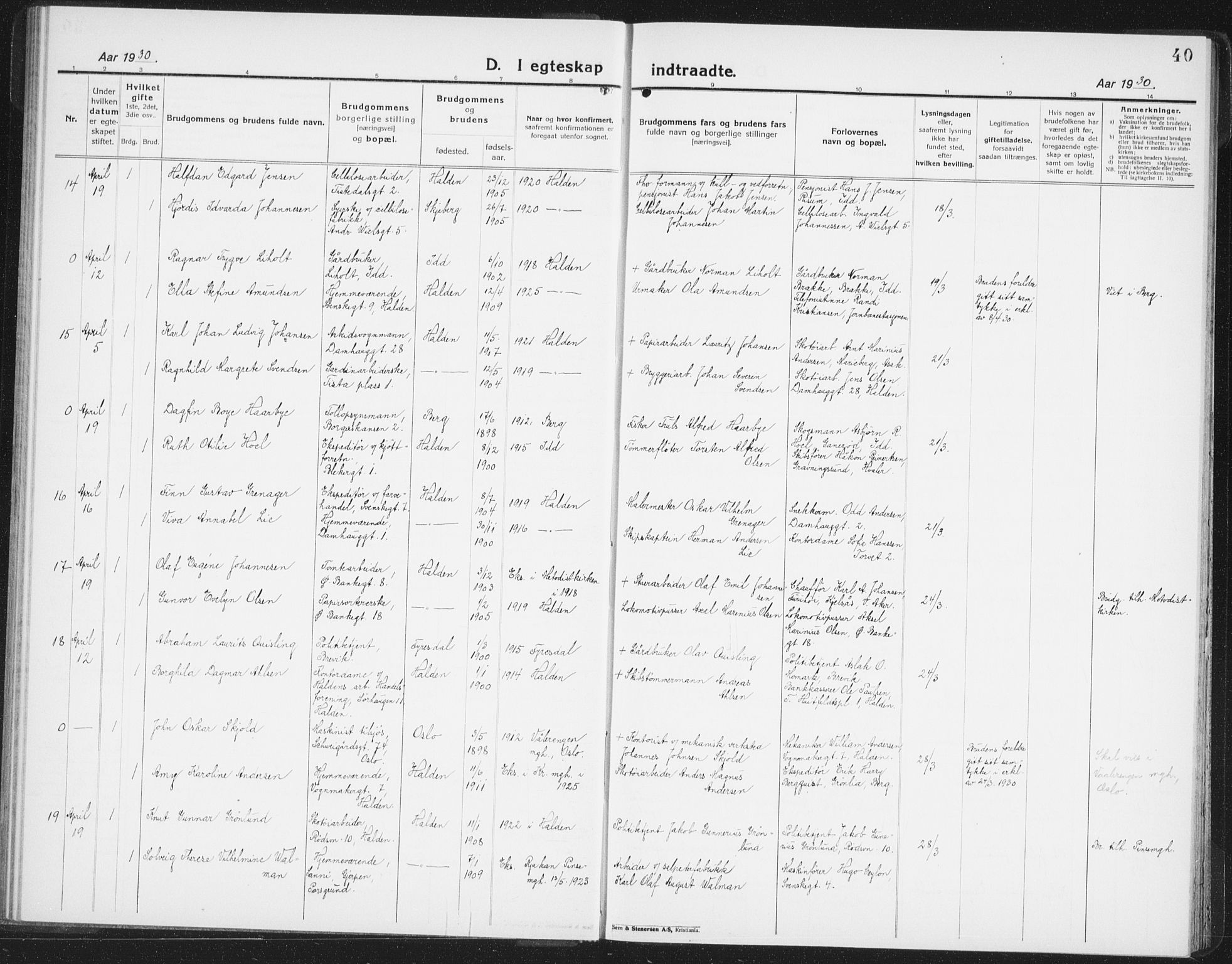 Halden prestekontor Kirkebøker, AV/SAO-A-10909/G/Ga/L0014: Parish register (copy) no. 14, 1925-1943, p. 40