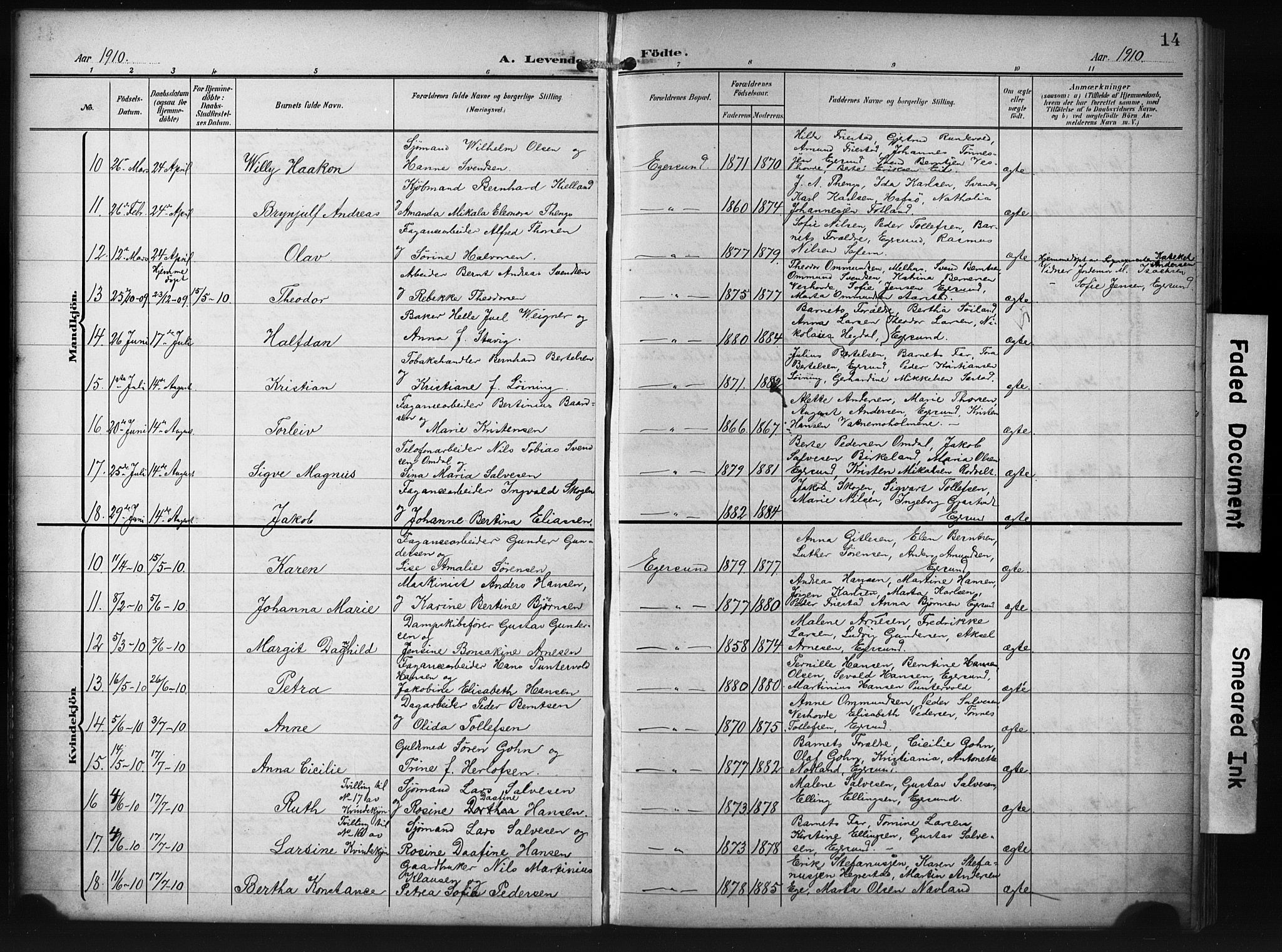 Eigersund sokneprestkontor, SAST/A-101807/S09/L0012: Parish register (copy) no. B 12, 1908-1930, p. 14