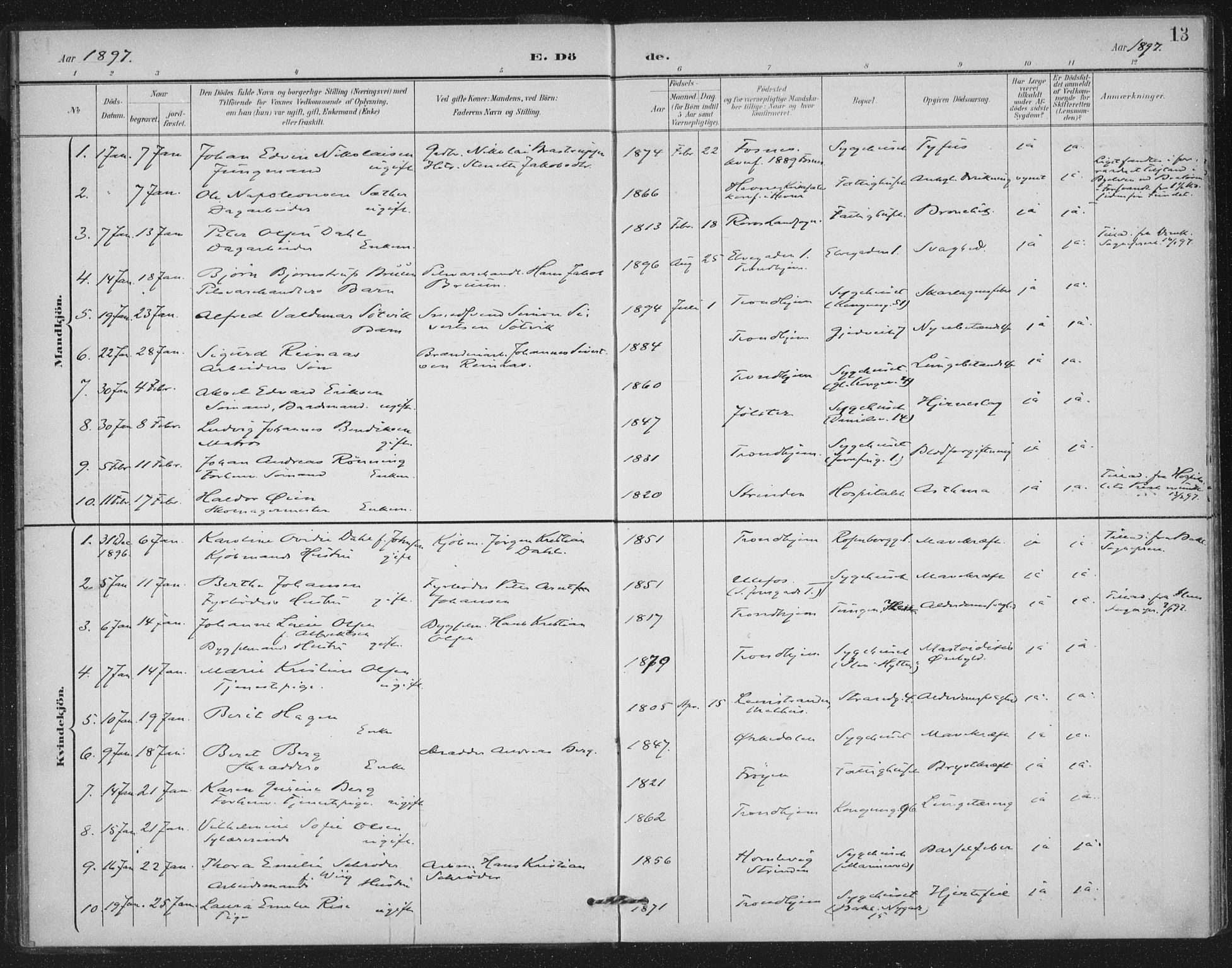 Ministerialprotokoller, klokkerbøker og fødselsregistre - Sør-Trøndelag, SAT/A-1456/602/L0123: Parish register (official) no. 602A21, 1895-1910, p. 13