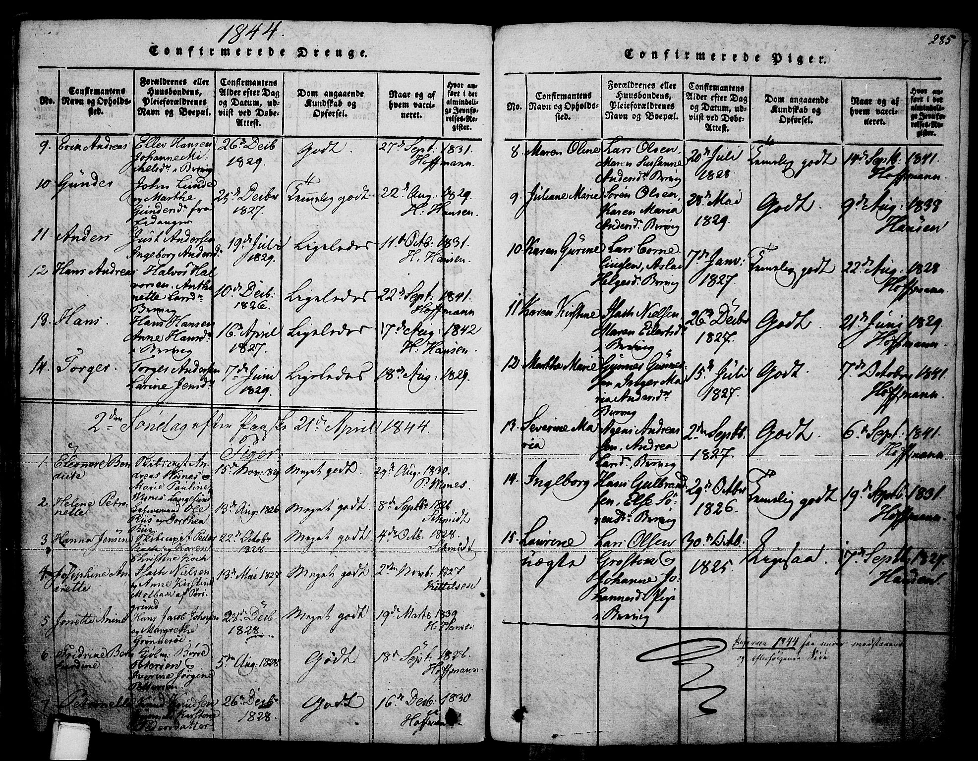 Brevik kirkebøker, SAKO/A-255/F/Fa/L0004: Parish register (official) no. 4, 1814-1846, p. 285