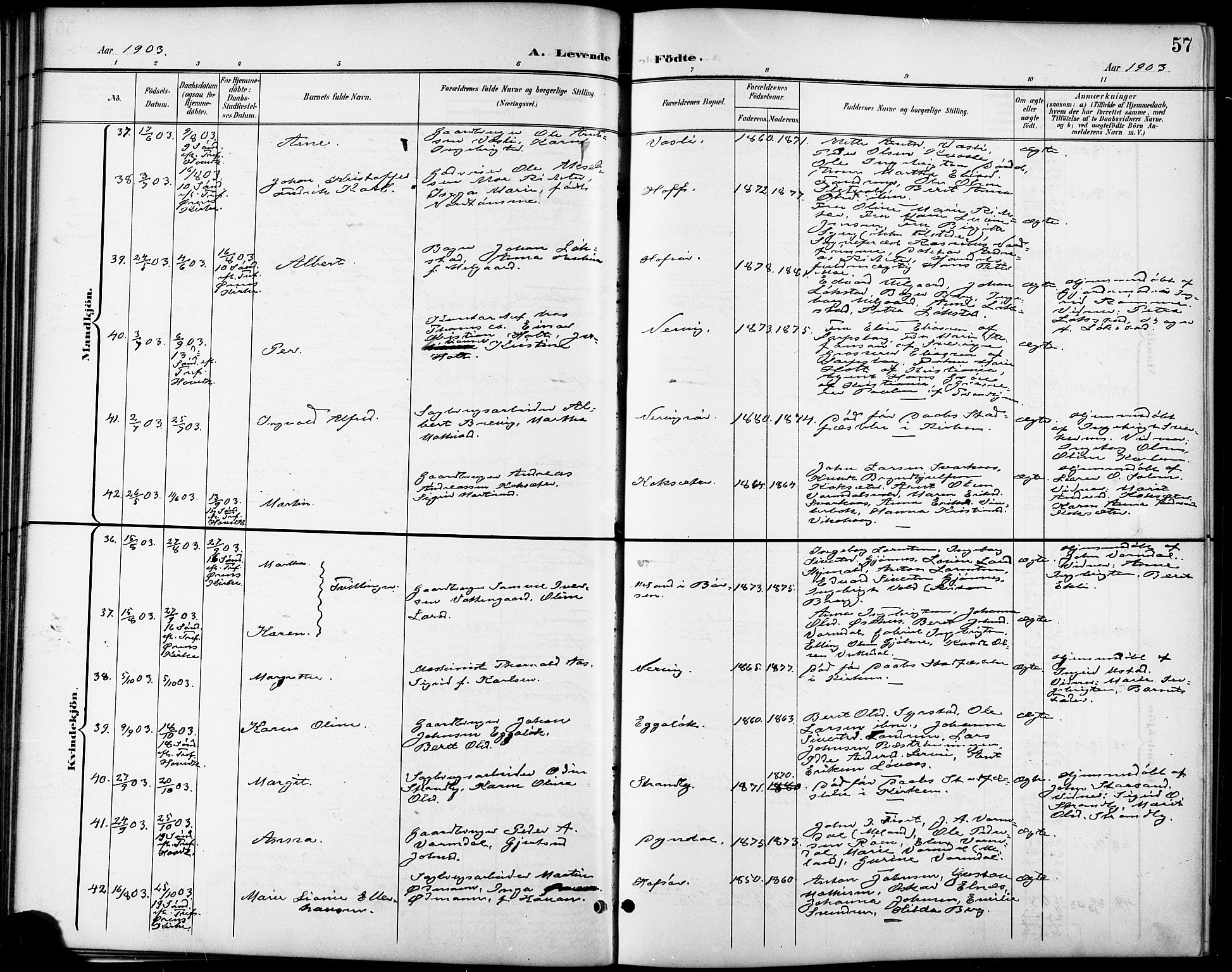 Ministerialprotokoller, klokkerbøker og fødselsregistre - Sør-Trøndelag, AV/SAT-A-1456/668/L0819: Parish register (copy) no. 668C08, 1899-1912, p. 57
