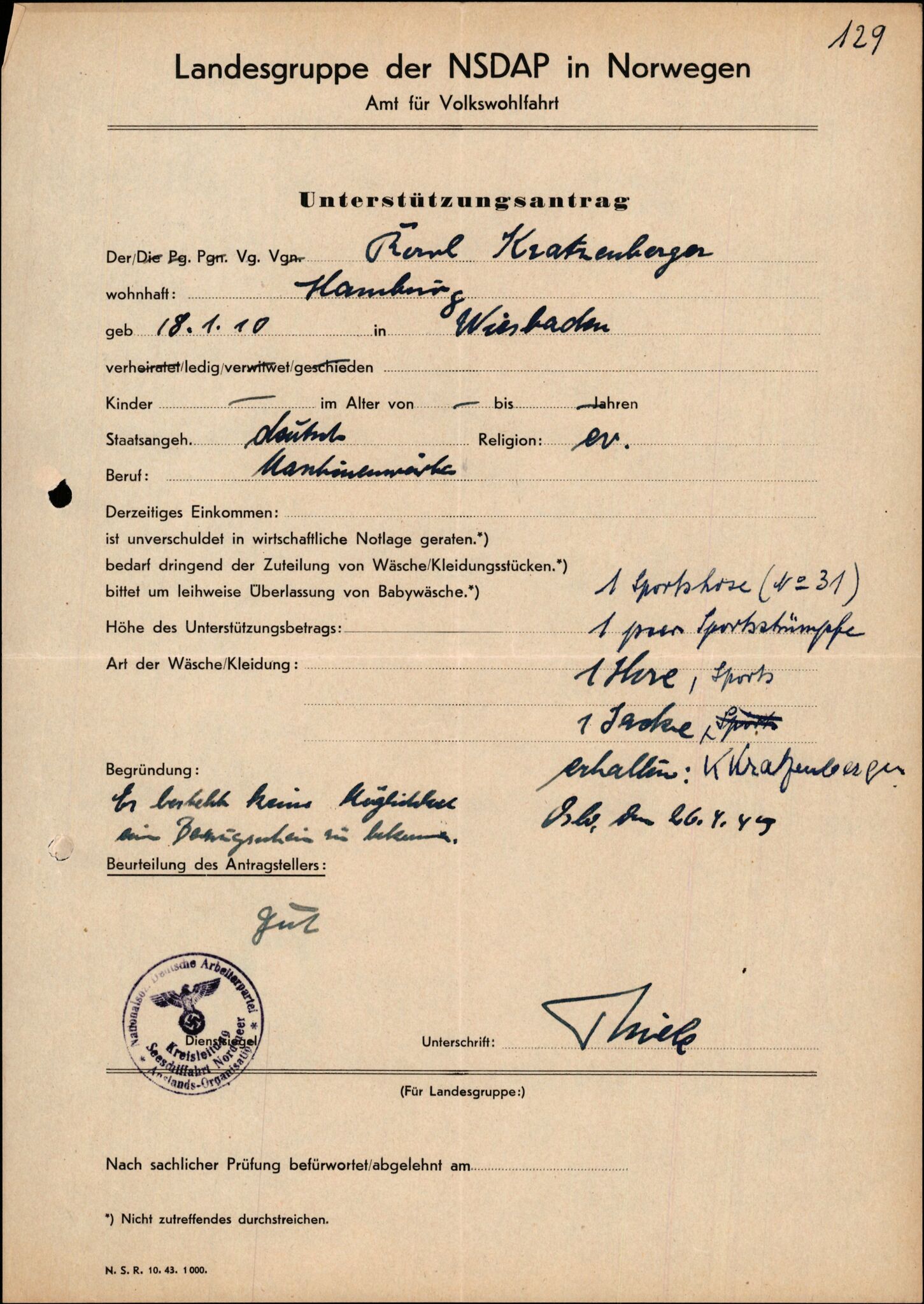 Forsvarets Overkommando. 2 kontor. Arkiv 11.4. Spredte tyske arkivsaker, AV/RA-RAFA-7031/D/Dar/Darb/L0015: Reichskommissariat - NSDAP in Norwegen, 1938-1945, p. 703